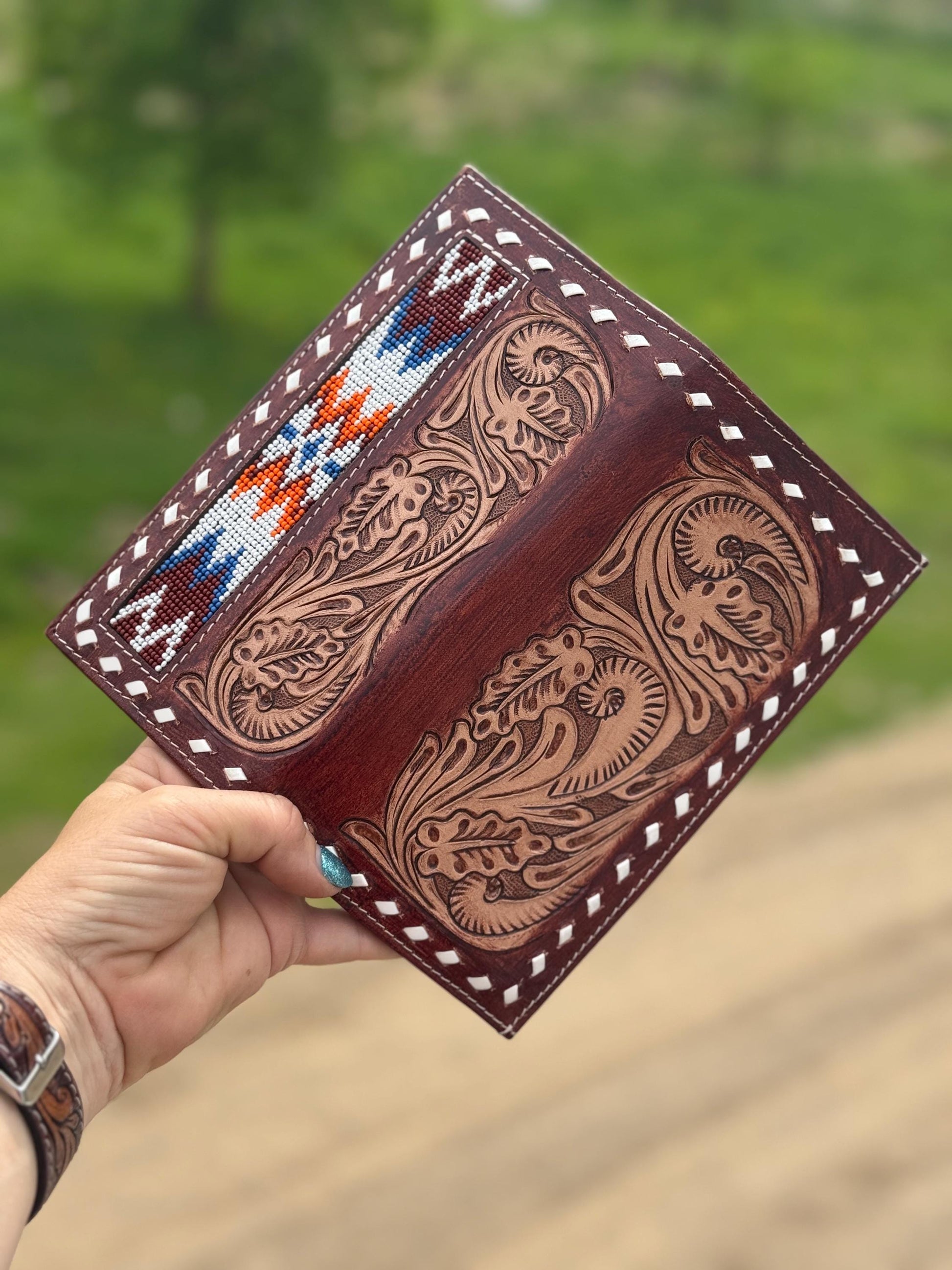 Men’s Western Long wallet tooled floral with seed bead details by Double B Wild Rags