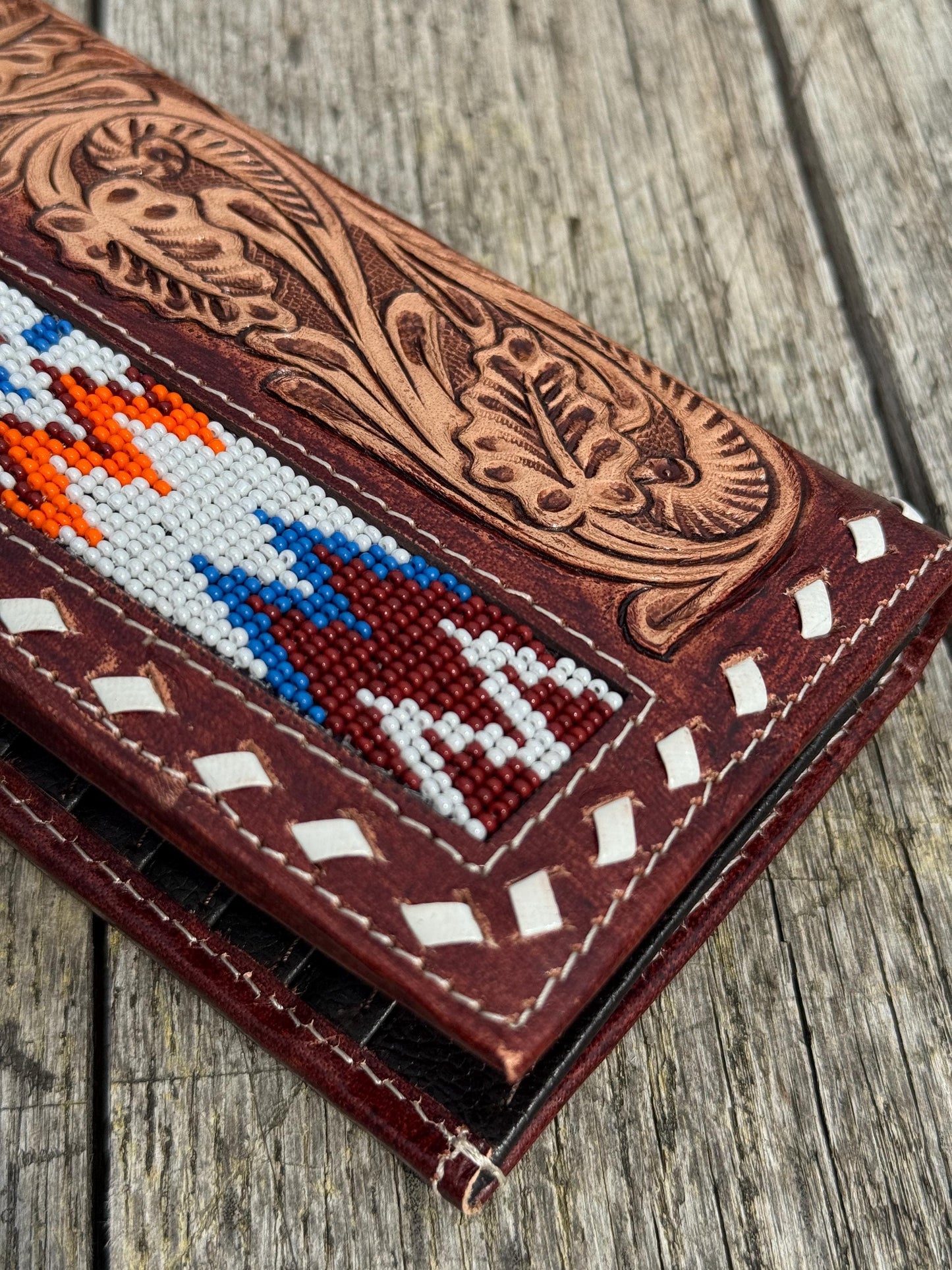 Men’s Western Long wallet tooled floral with seed bead details by Double B Wild Rags