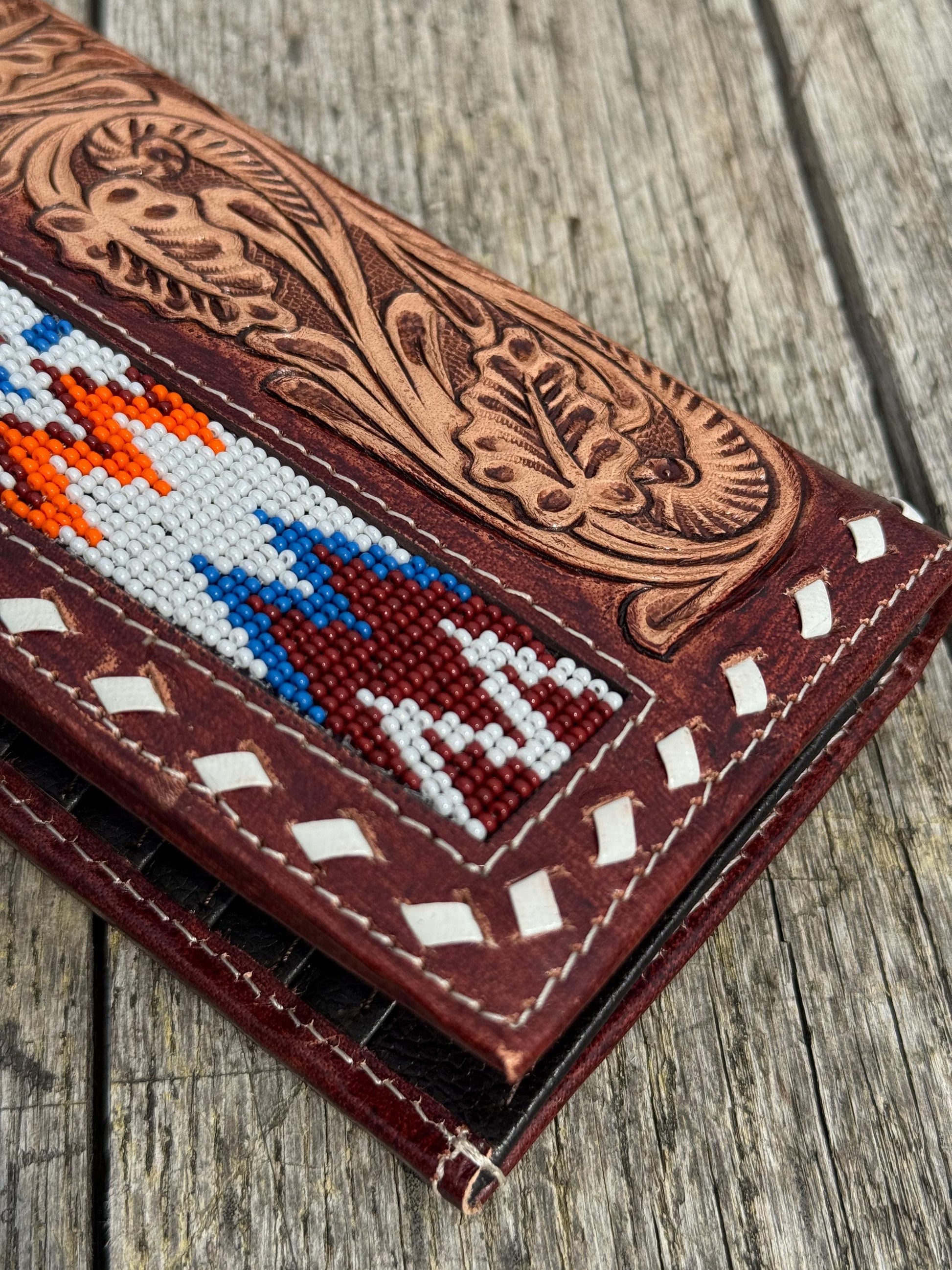 Men’s Western Long wallet tooled floral with seed bead details by Double B Wild Rags