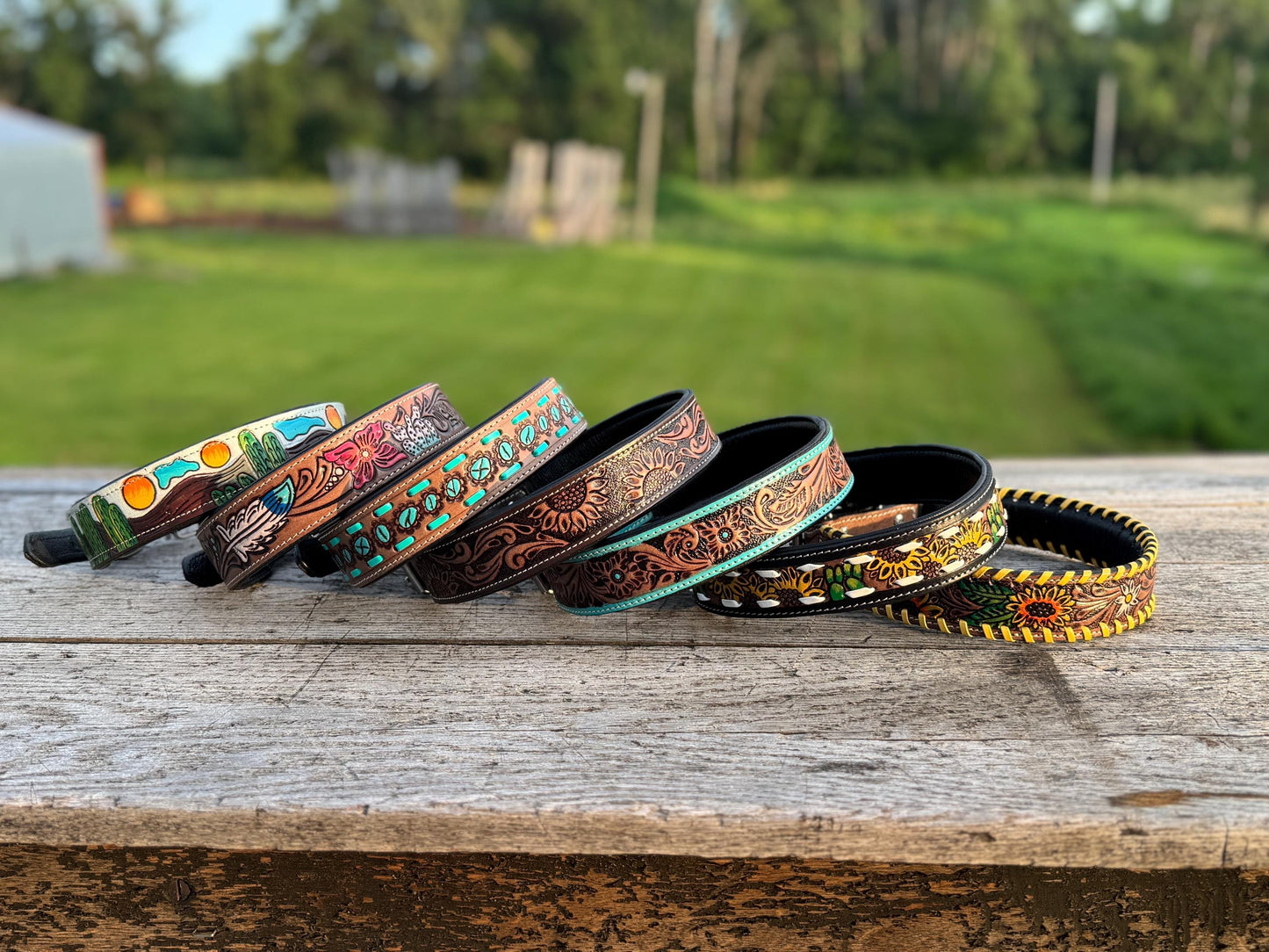 Western Genuine Leather dog collar and leash tooled details of sunflower daisy cactus floral turquoise feather by Double B Wild Rags