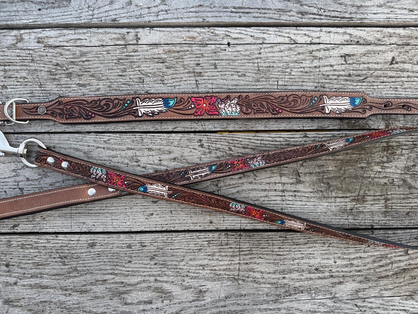 Western Genuine Leather dog collar and leash tooled details of sunflower daisy cactus floral turquoise feather by Double B Wild Rags