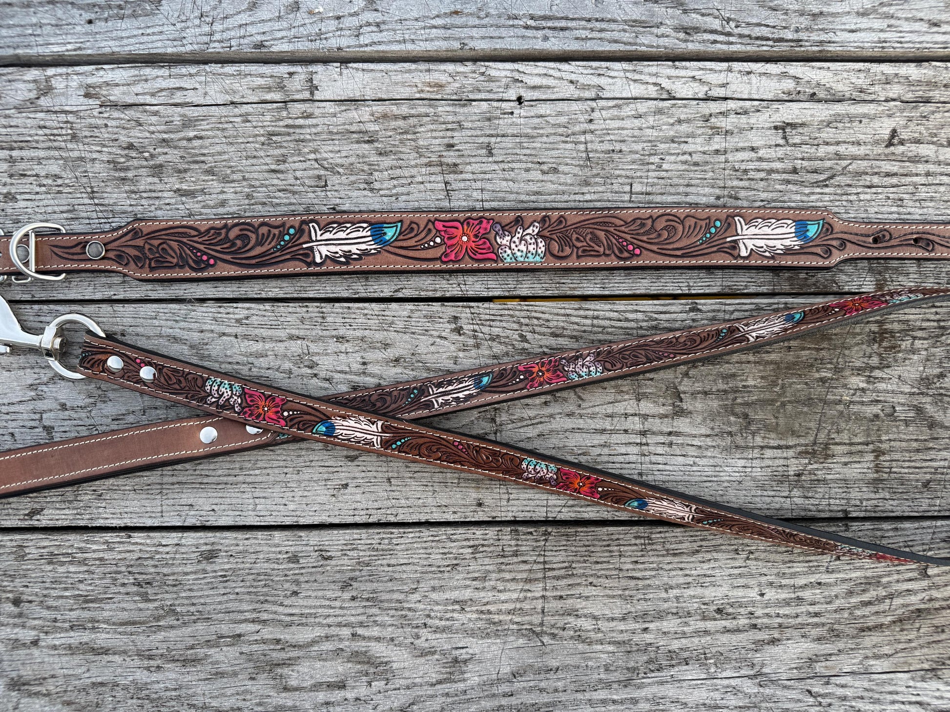 Western Genuine Leather dog collar and leash tooled details of sunflower daisy cactus floral turquoise feather by Double B Wild Rags