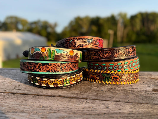 Western Genuine Leather dog collar and leash tooled details of sunflower daisy cactus floral turquoise feather by Double B Wild Rags