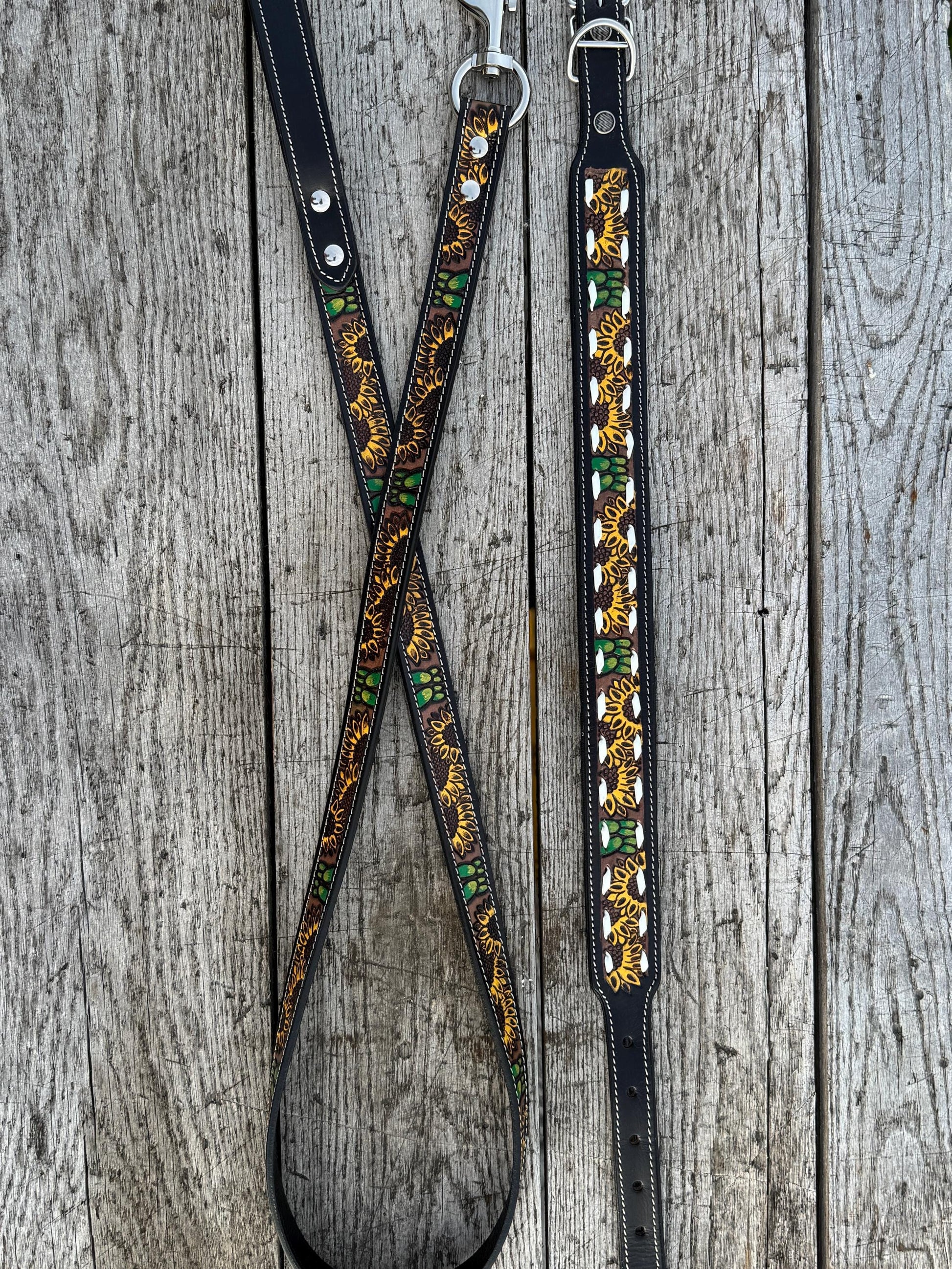Western Genuine Leather dog collar and leash tooled details of sunflower daisy cactus floral turquoise feather by Double B Wild Rags