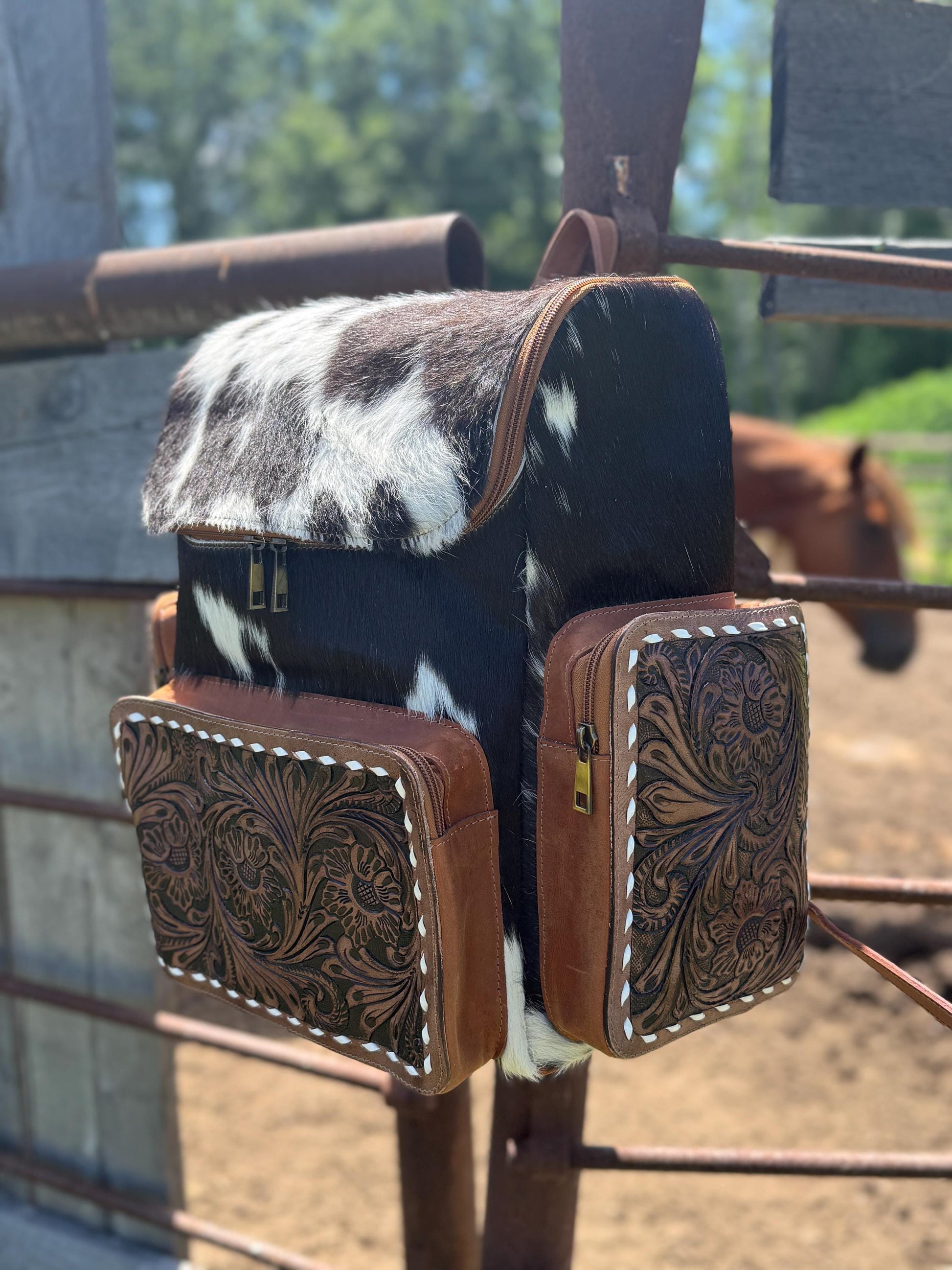Genuine Western Cowhide Leather Backpack Diaper Bag Personal Item carry-on luggage by Double B Wild Rags