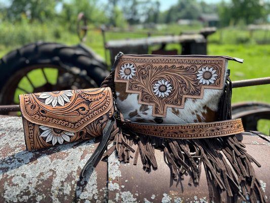 Genuine Western Cowhide Leather Purse and Clutch with white floral painted details a Double B Wild Rags Exclusive