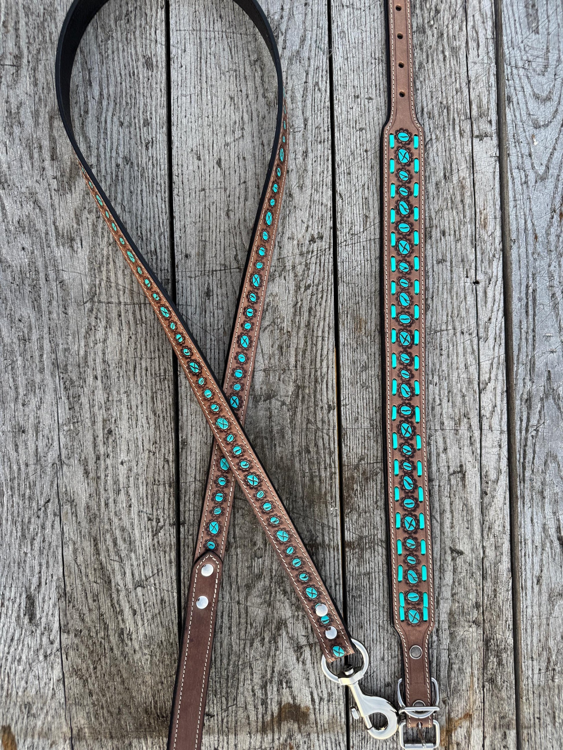 Western Genuine Leather dog collar and leash tooled details of sunflower daisy cactus floral turquoise feather by Double B Wild Rags