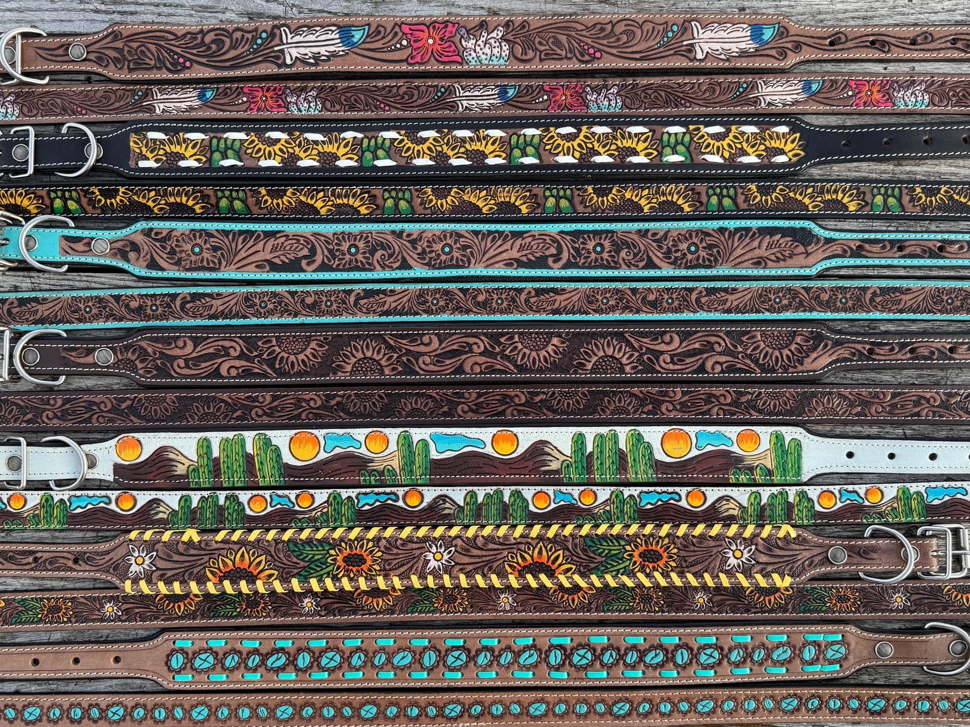 Western Genuine Leather dog collar and leash tooled details of sunflower daisy cactus floral turquoise feather by Double B Wild Rags