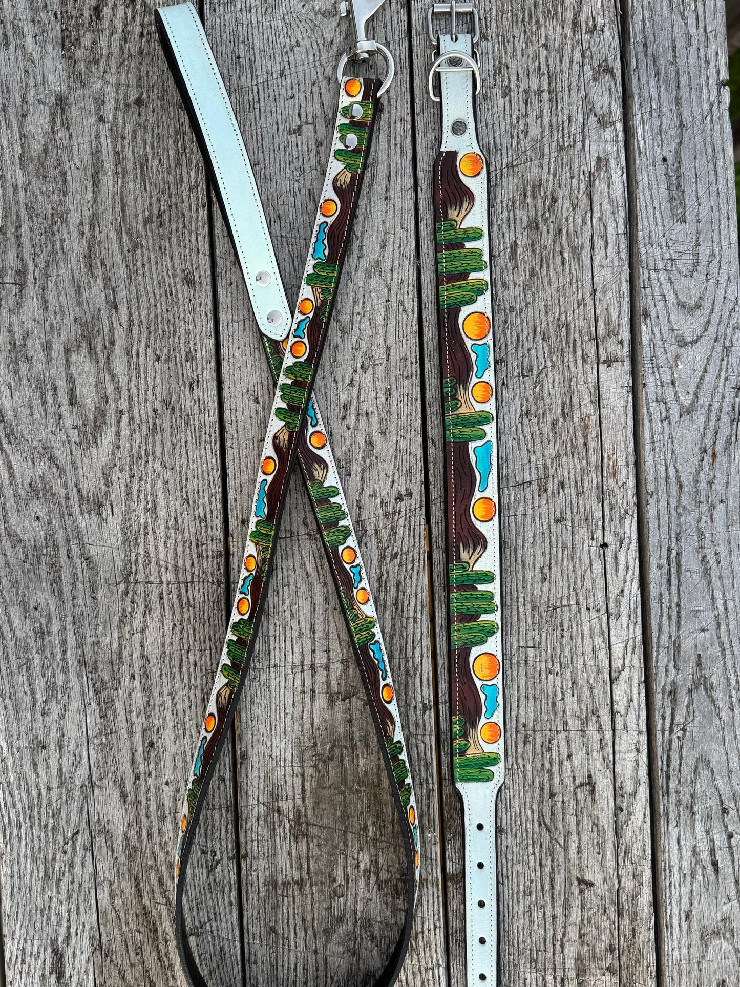 Western Genuine Leather dog collar and leash tooled details of sunflower daisy cactus floral turquoise feather by Double B Wild Rags