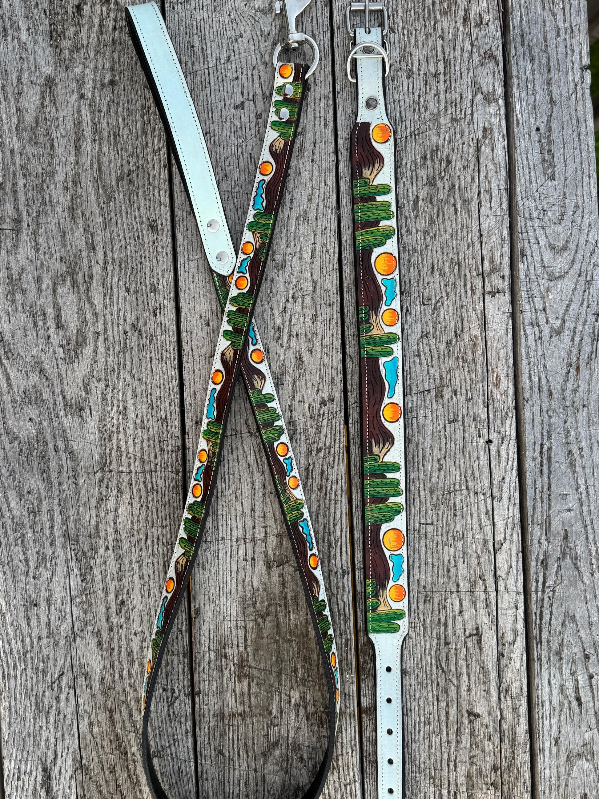 Western Genuine Leather dog collar and leash tooled details of sunflower daisy cactus floral turquoise feather by Double B Wild Rags