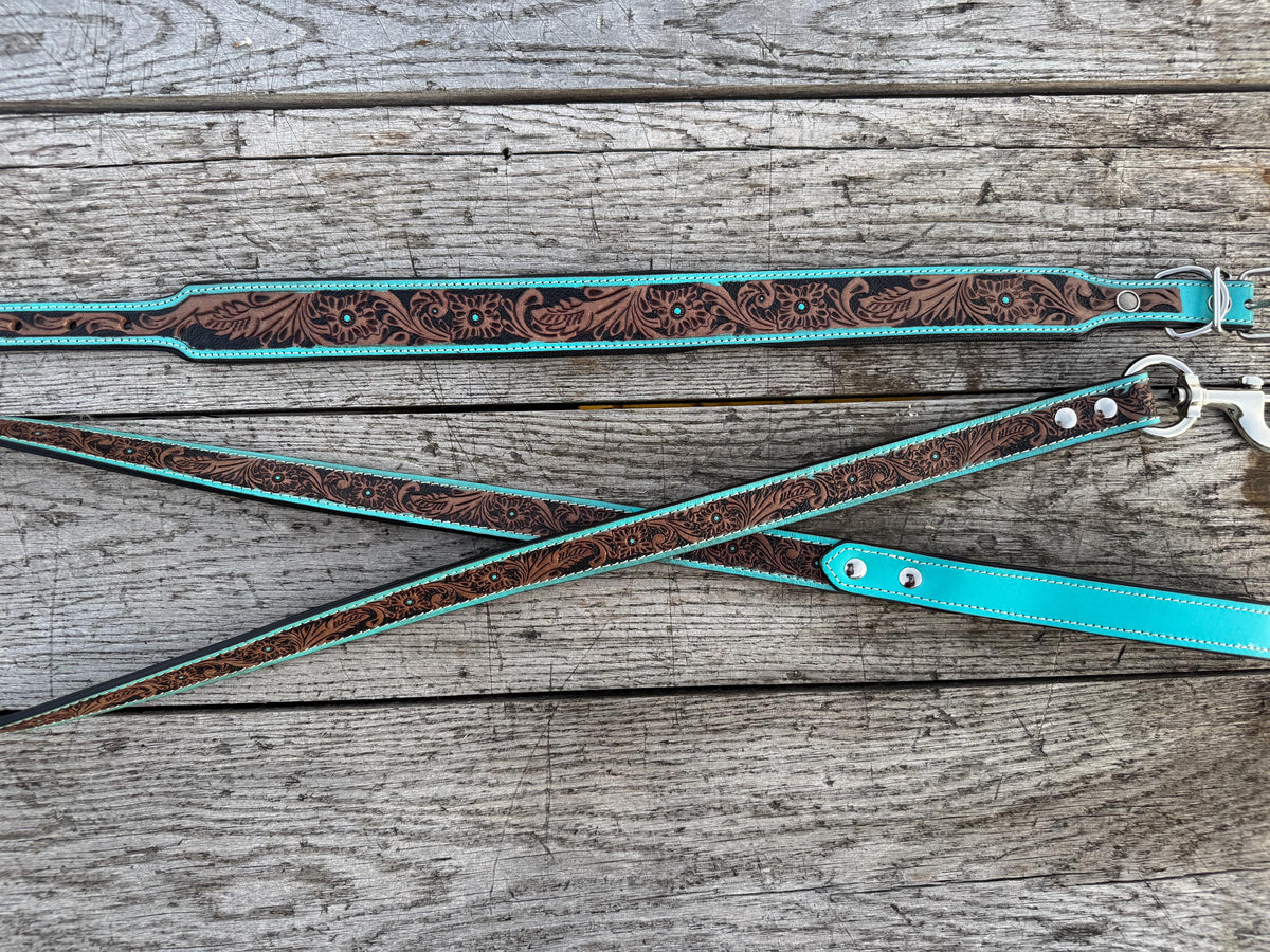 Western Genuine Leather dog collar or leash tooled details of sunflower daisy cactus floral turquoise feather by Double B Wild Rags