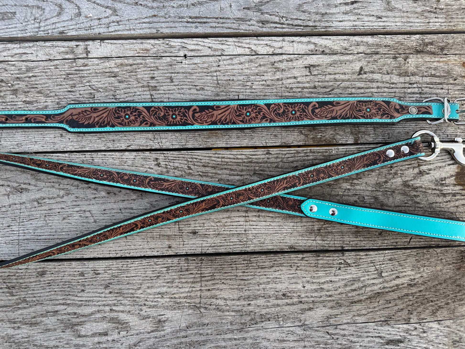 Western Genuine Leather dog collar and leash tooled details of sunflower daisy cactus floral turquoise feather by Double B Wild Rags