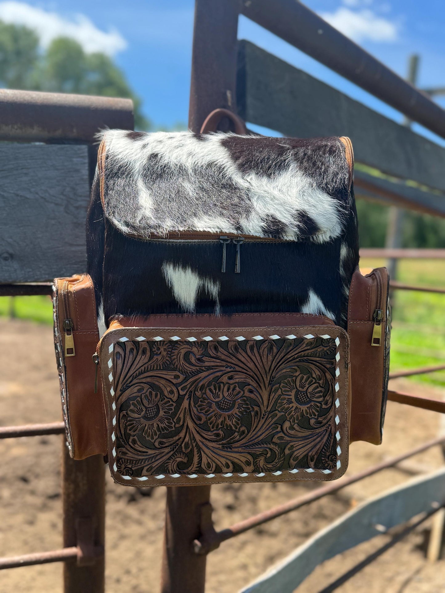 Genuine Western Cowhide Leather Backpack Diaper Bag Personal Item carry-on luggage by Double B Wild Rags