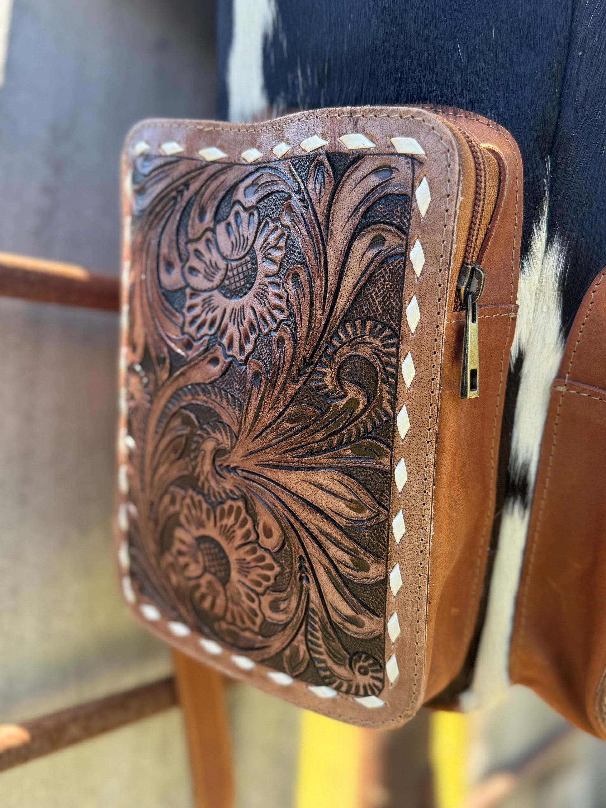 Genuine Western Cowhide Leather Backpack Diaper Bag Personal Item carry-on luggage by Double B Wild Rags