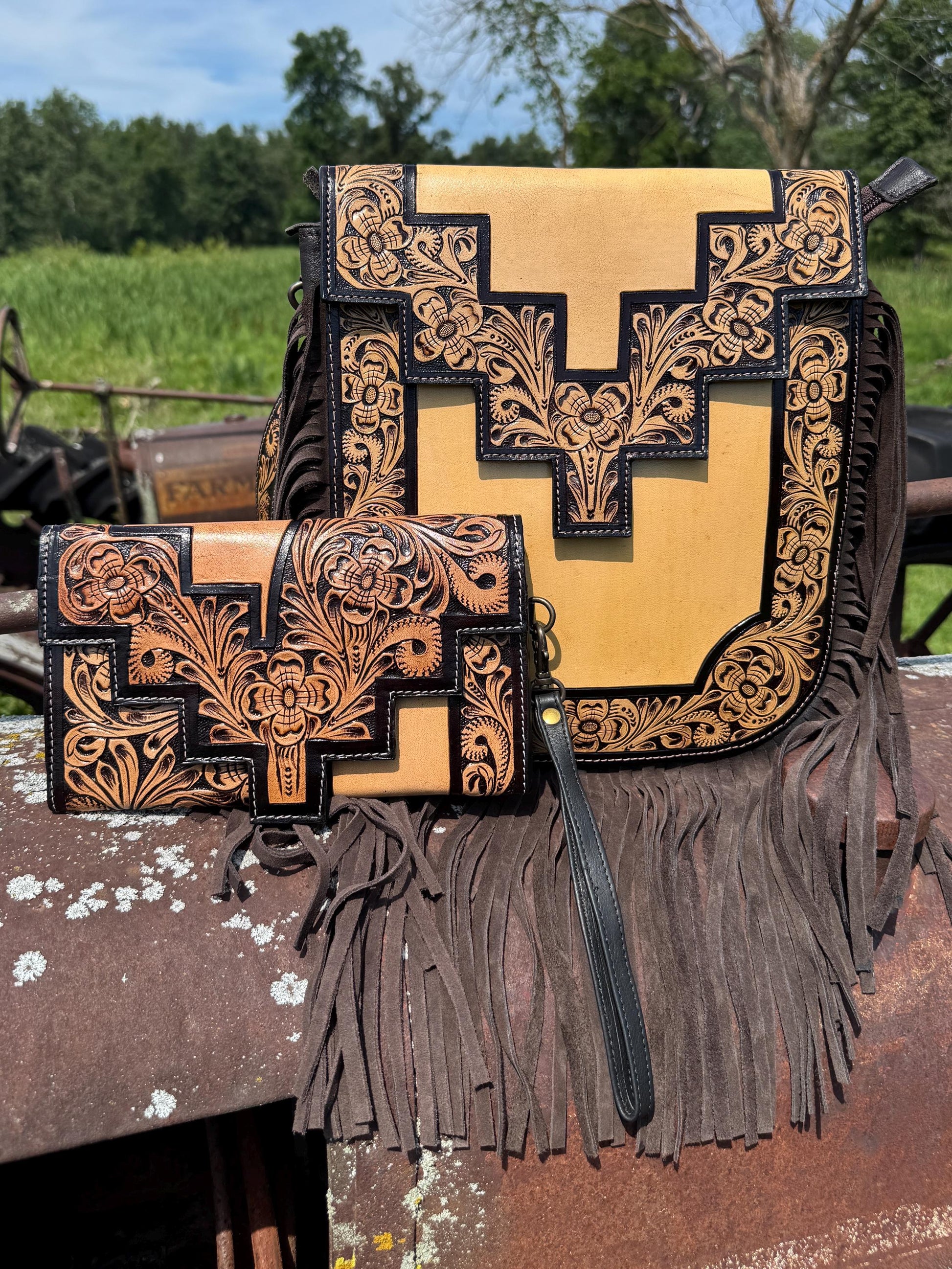 Genuine Western Cowhide Leather Purse or Clutch with smooth and tooled details a Double B Wild Rags Exclusive