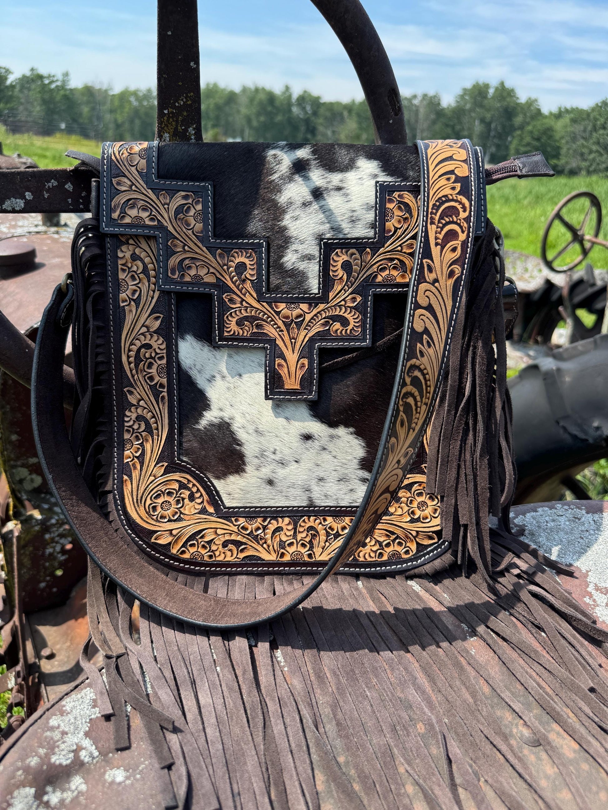 Genuine Western Cowhide Leather Purse or Clutch with cowhide and tooled details a Double B Wild Rags Exclusive