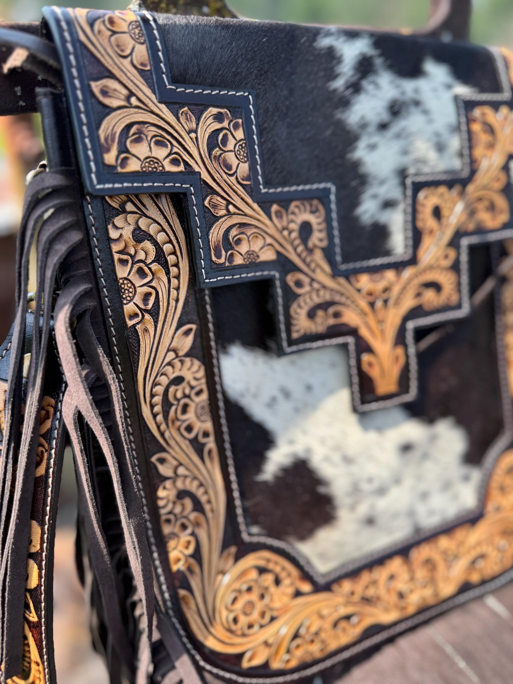 Genuine Western Cowhide Leather Purse or Clutch with cowhide and tooled details a Double B Wild Rags Exclusive
