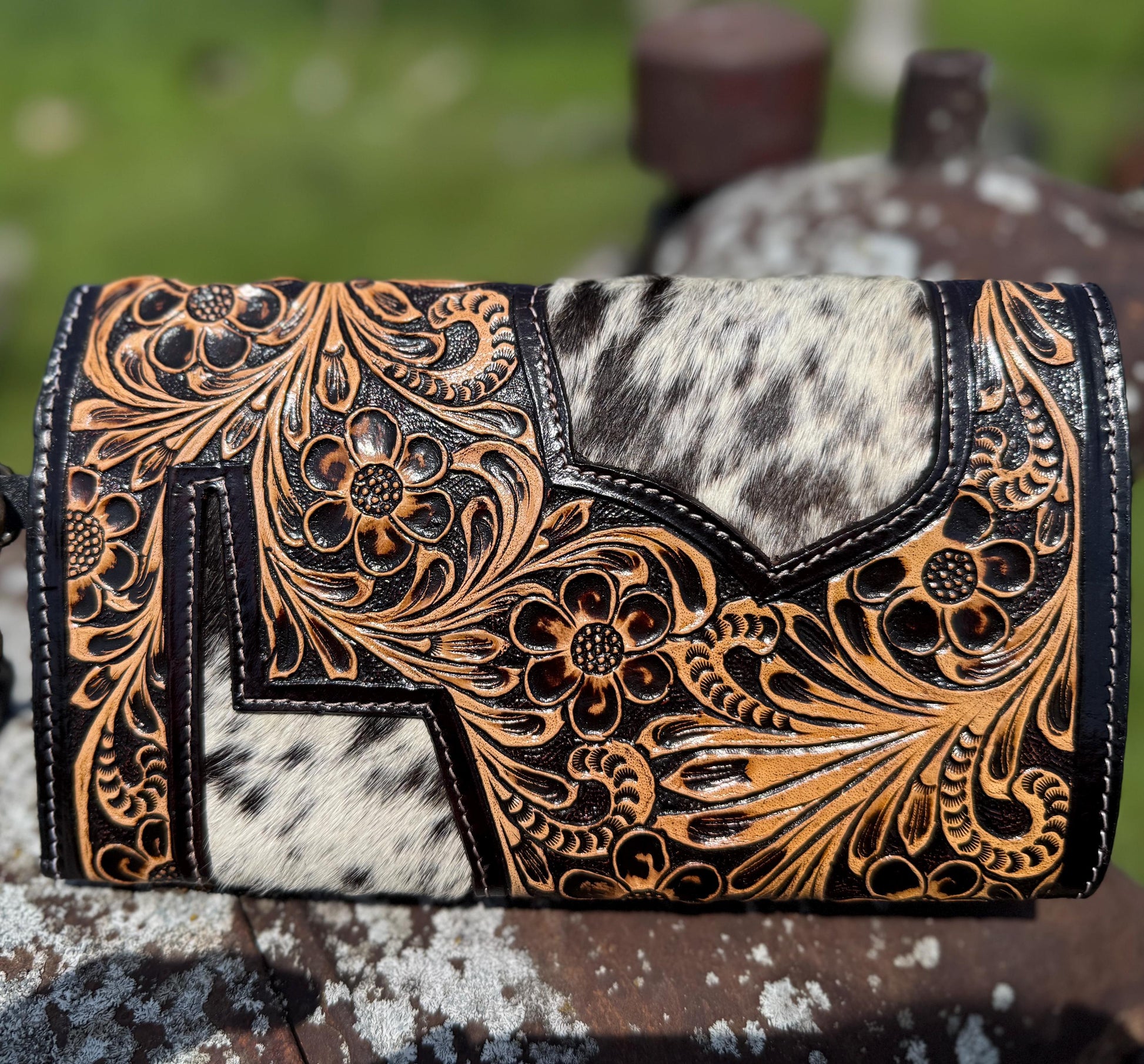 Genuine Western Cowhide Leather Purse or Clutch with cowhide and tooled details a Double B Wild Rags Exclusive