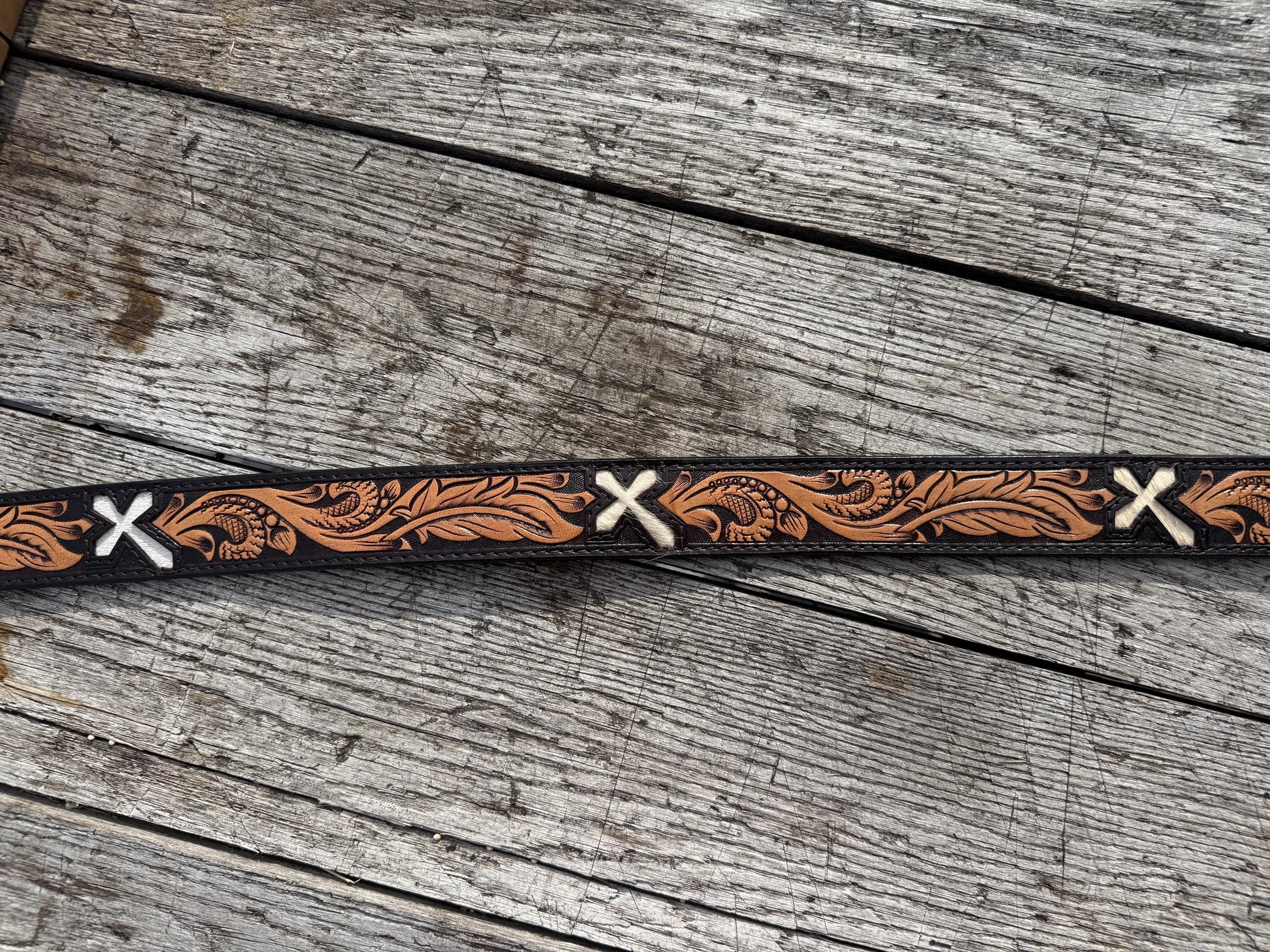 Genuine Leather Western Belt with tooled feathers and Cross cut outs by Double B Wild Rags