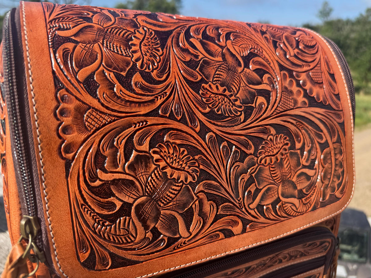 Fully Tooled Western Backpack Genuine Leather Diaper Bag Personal Item carry-on luggage by Double B Wild Rags