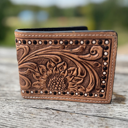 Men’s Western bi-fold wallet tooled sunflowers by Double B Wild Rags