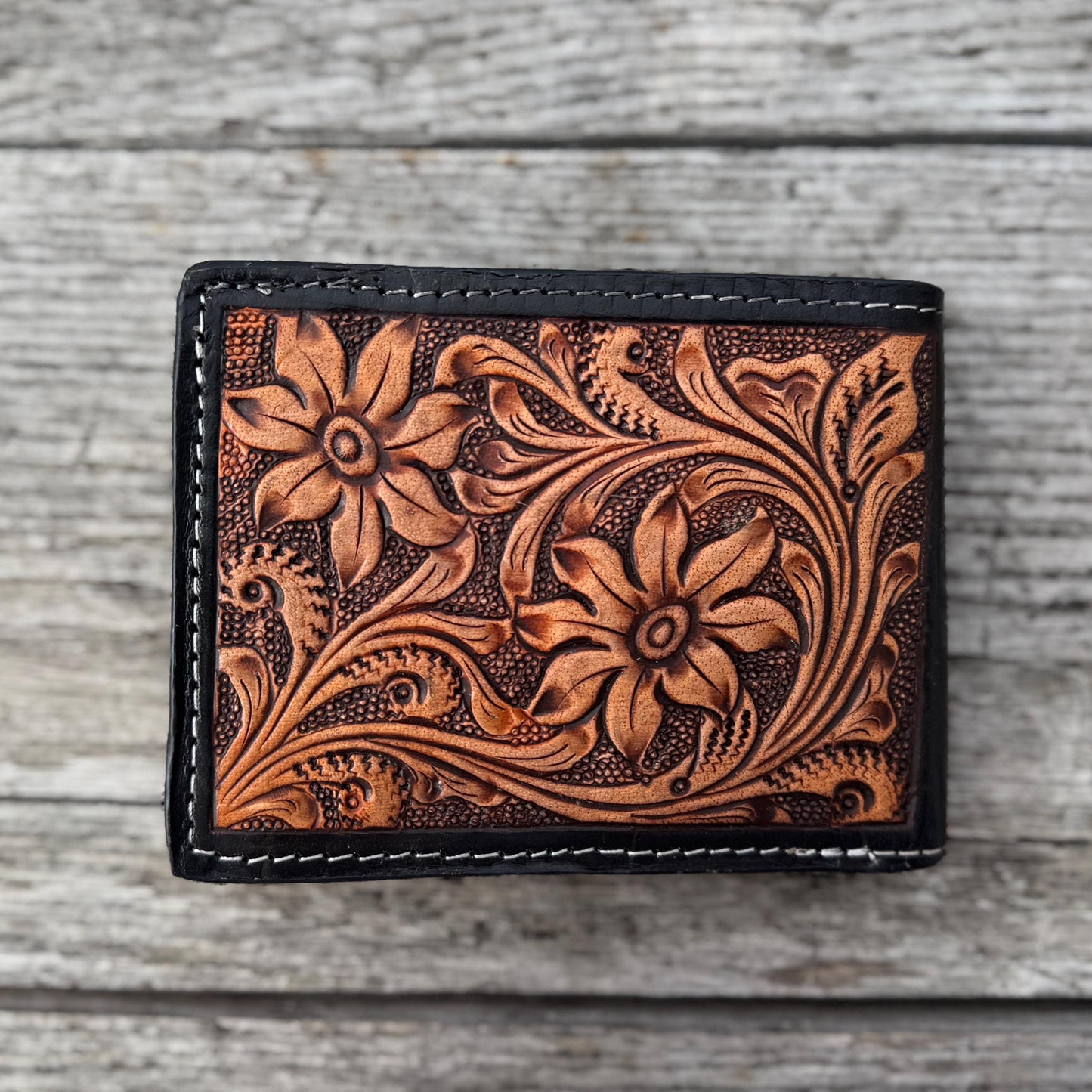 Men’s Western bi-fold wallet tooled floral details by Double B Wild Rags