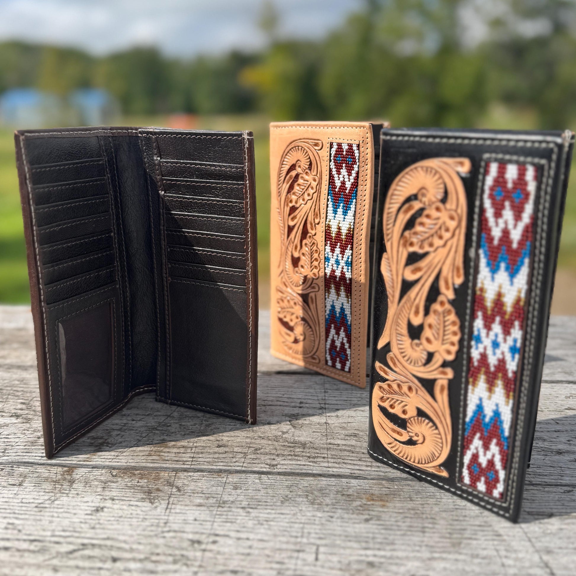 Men’s Western bi-fold Long Wallet tooled and Seed Bead details by Double B Wild Rags