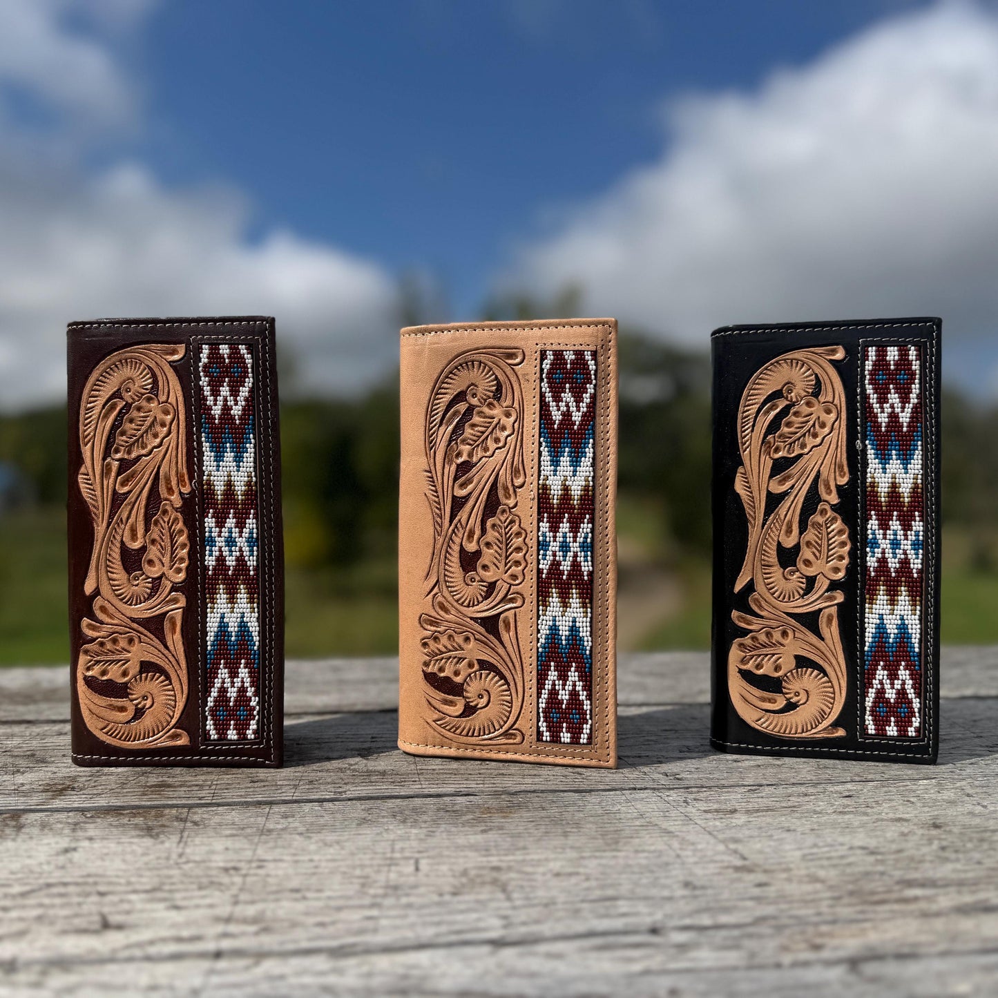 Men’s Western bi-fold Long Wallet tooled and Seed Bead details by Double B Wild Rags