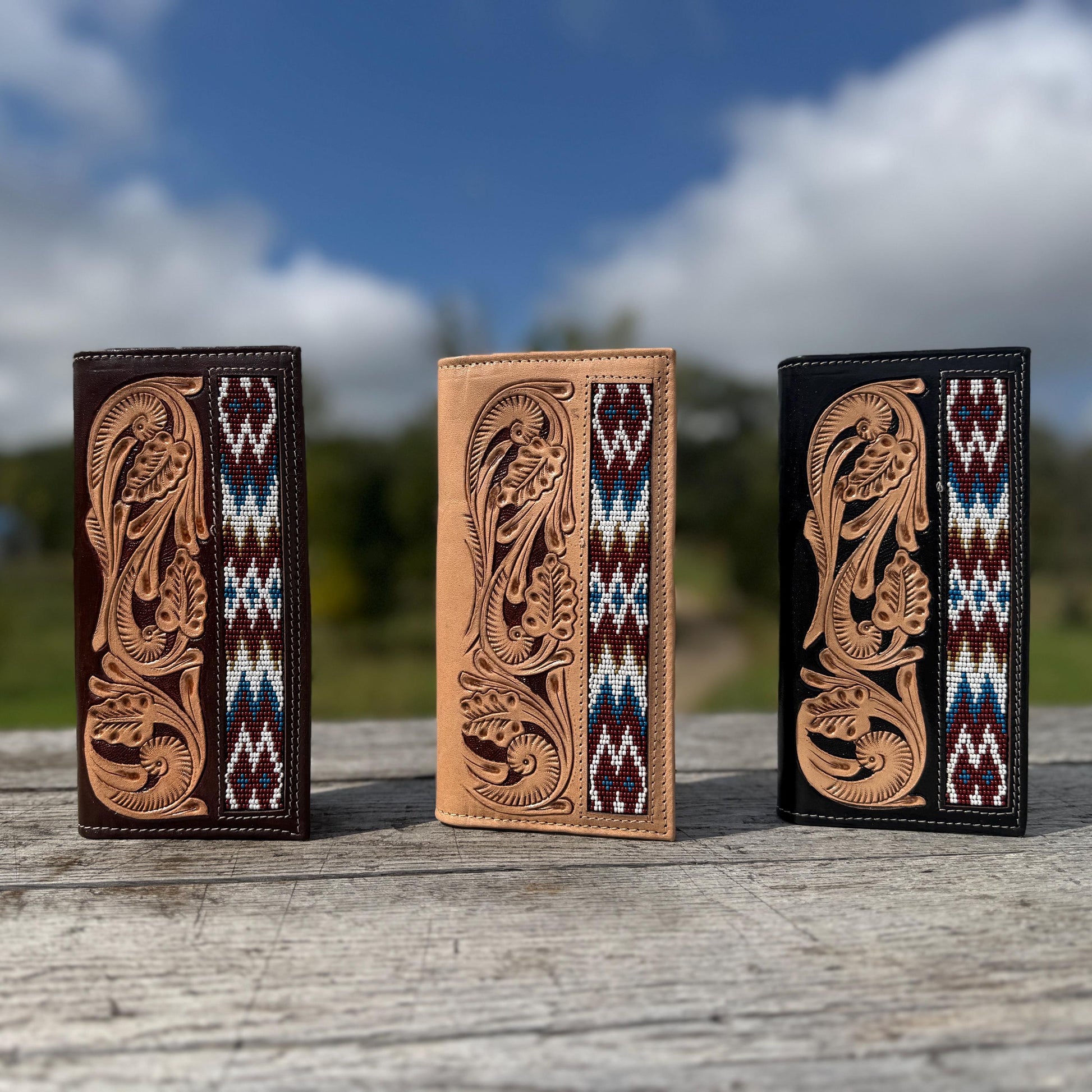 Men’s Western bi-fold Long Wallet tooled and Seed Bead details by Double B Wild Rags