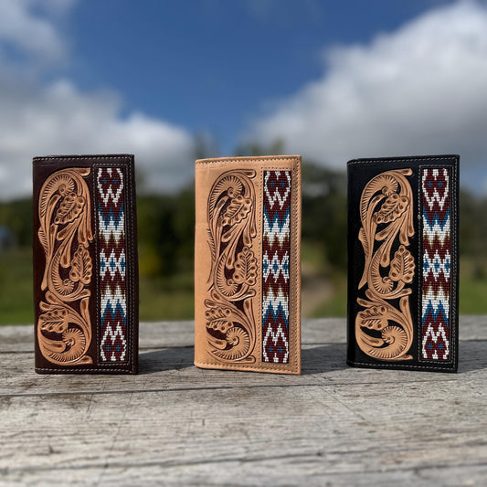 Men’s Western bi-fold Long Wallet tooled and Seed Bead details by Double B Wild Rags