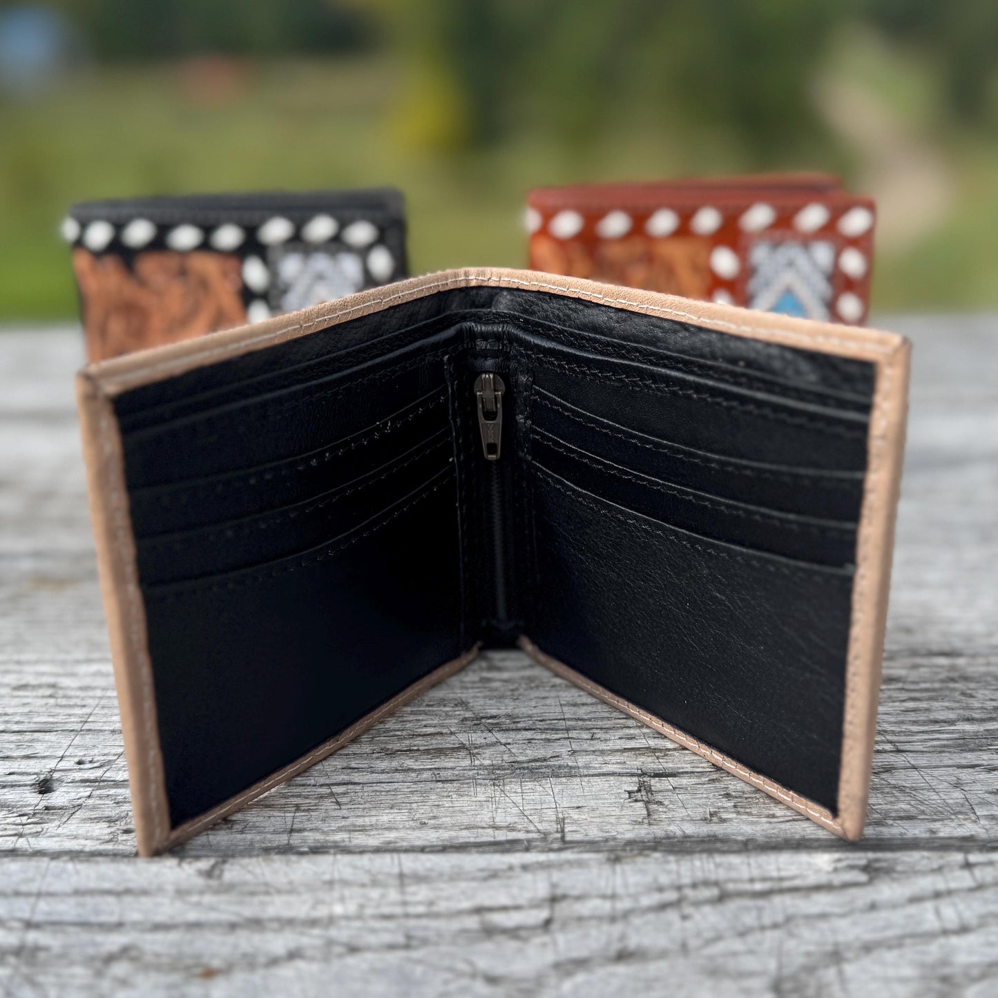 Men’s Western bi-fold wallet tooled, seed bead, and buckstitch details by Double B Wild Rags