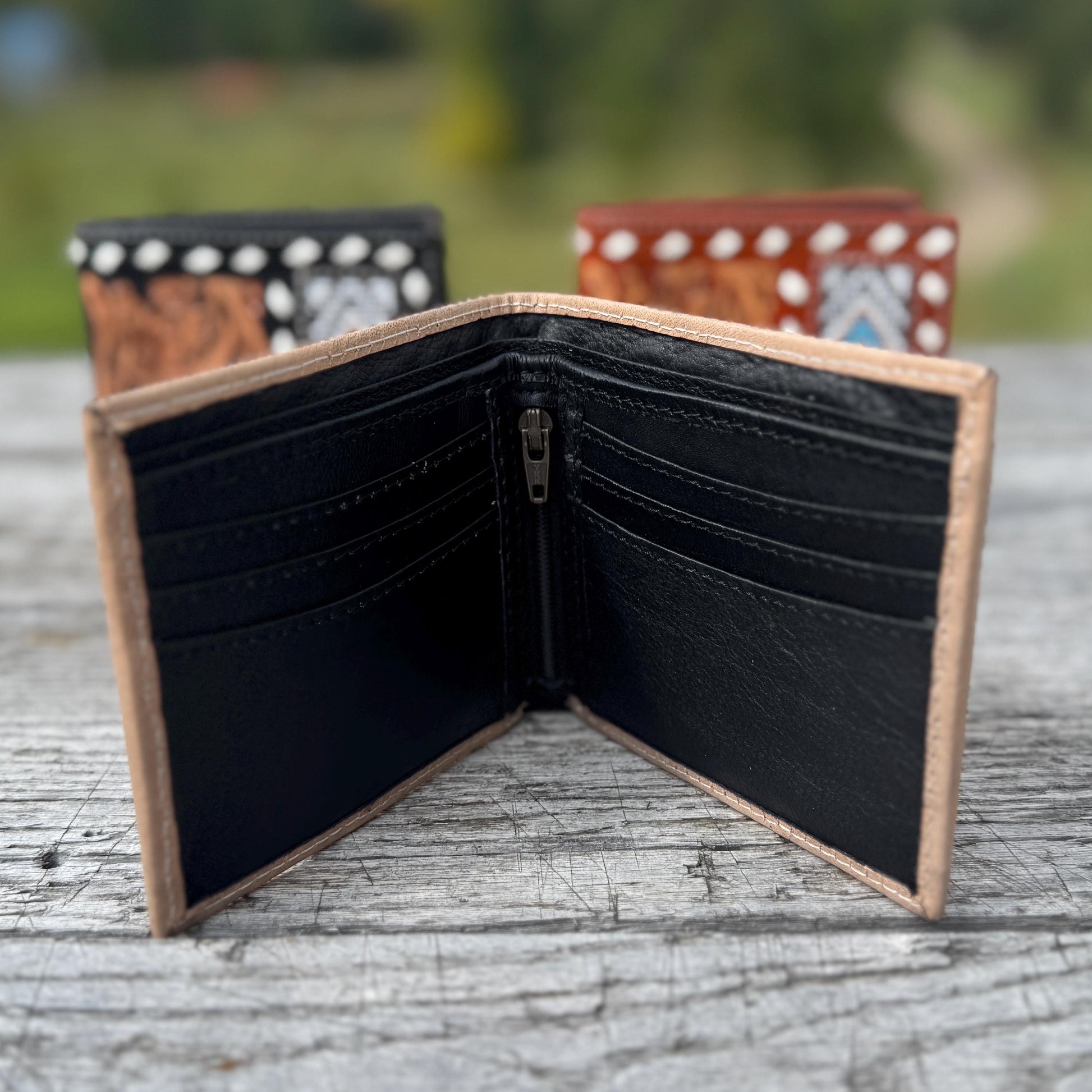 Men’s Western bi-fold wallet tooled, seed bead, and buckstitch details by Double B Wild Rags