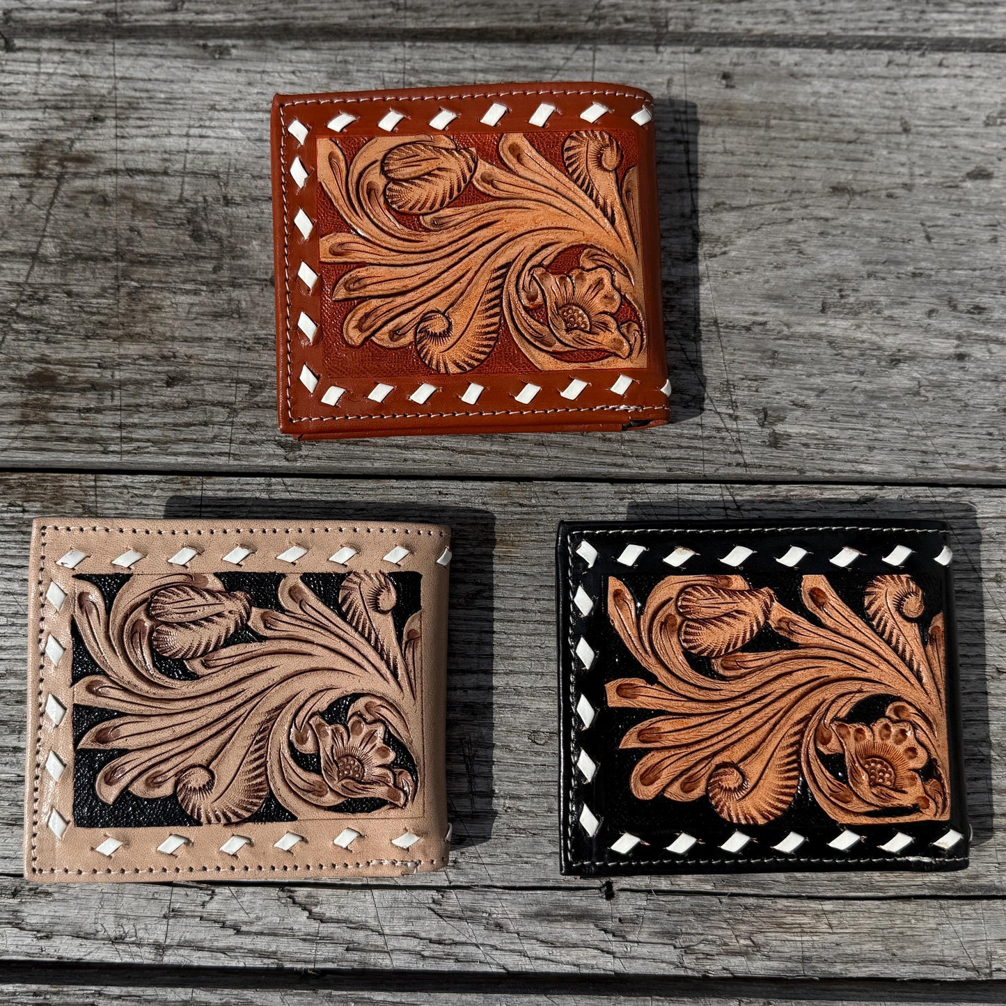 Men’s Western bi-fold wallet tooled, seed bead, and buckstitch details by Double B Wild Rags