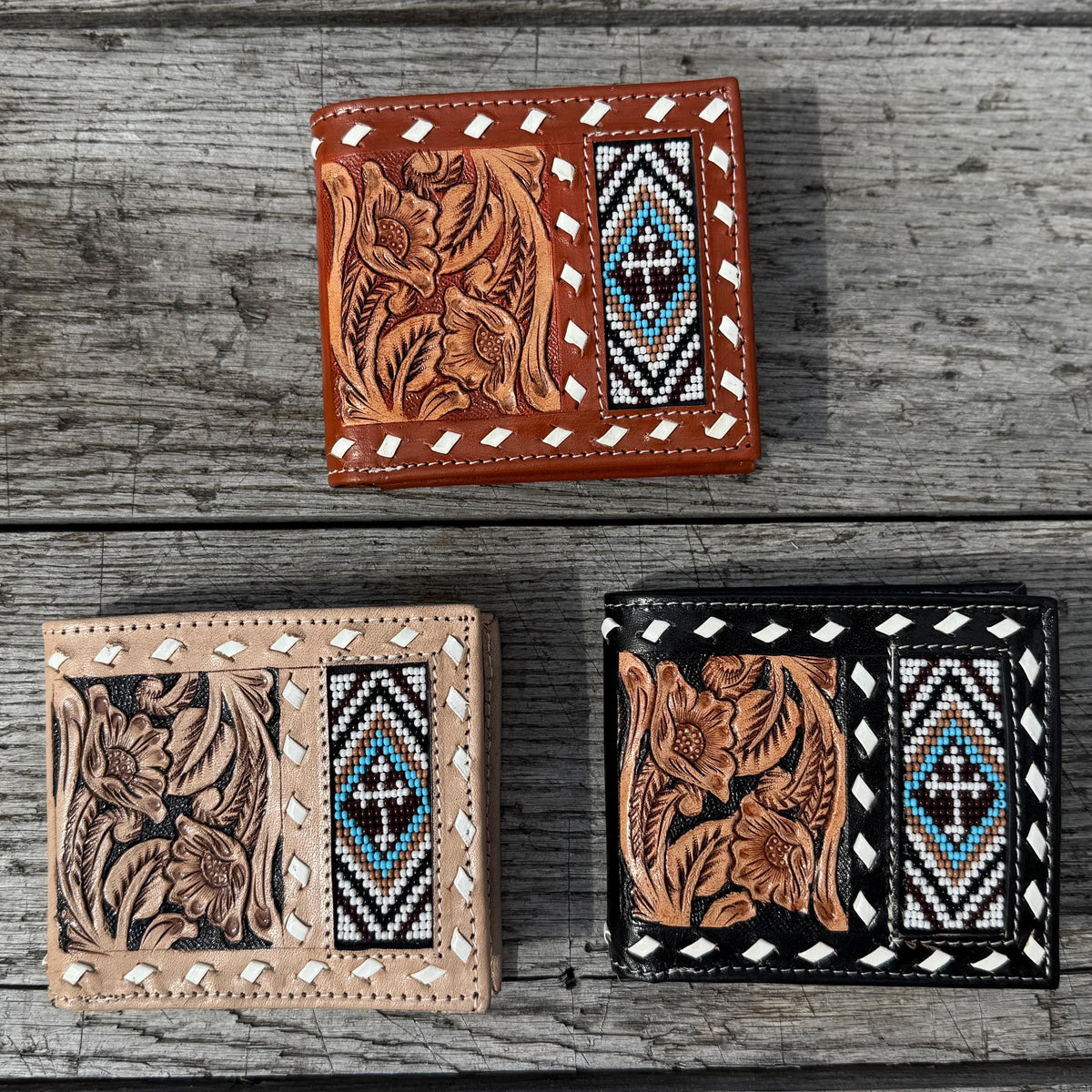 Men’s Western bi-fold wallet tooled, seed bead, and buckstitch details by Double B Wild Rags
