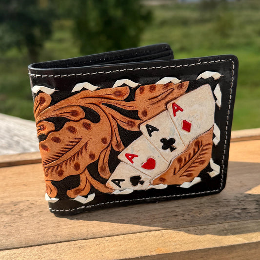 Men’s Western Black bi-fold wallet tooled Aces Cards with buckstitch details by Double B Wild Rags