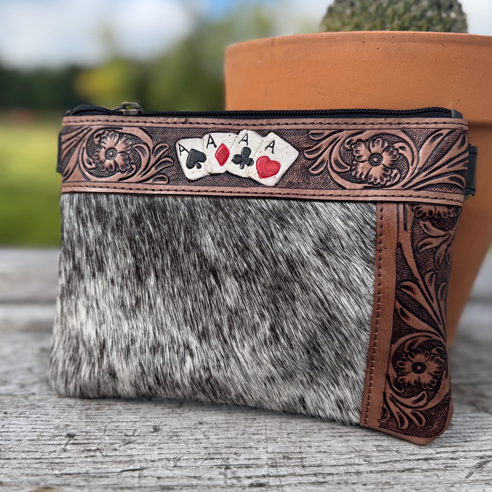 Genuine Western Cowhide Leather Purse and Wallet SET with buckstitch details by Double B Wild Rags
