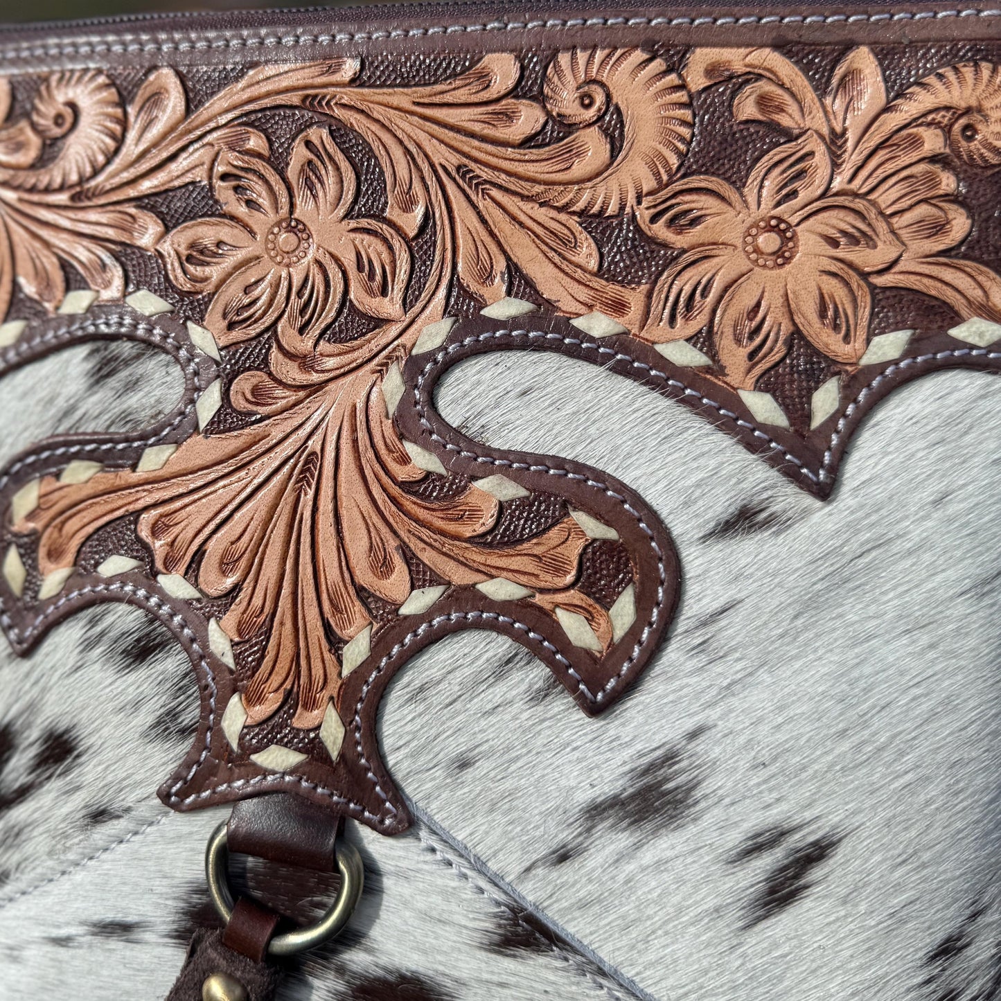 Brown Genuine Western Cowhide Leather Purse with black and brown fringe