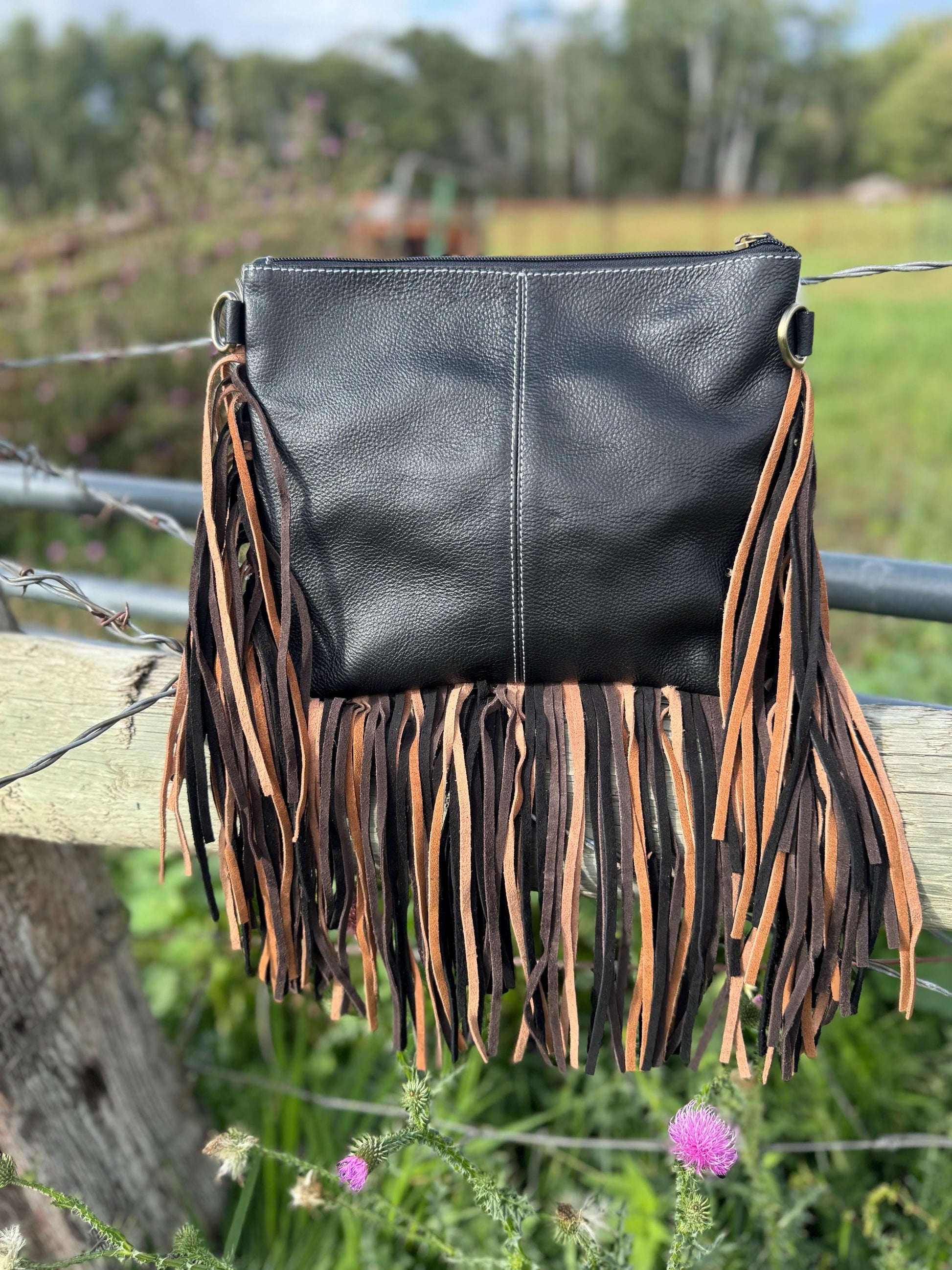 Black Genuine Western Cowhide Leather Purse with scalloped tooling brown and black fringe