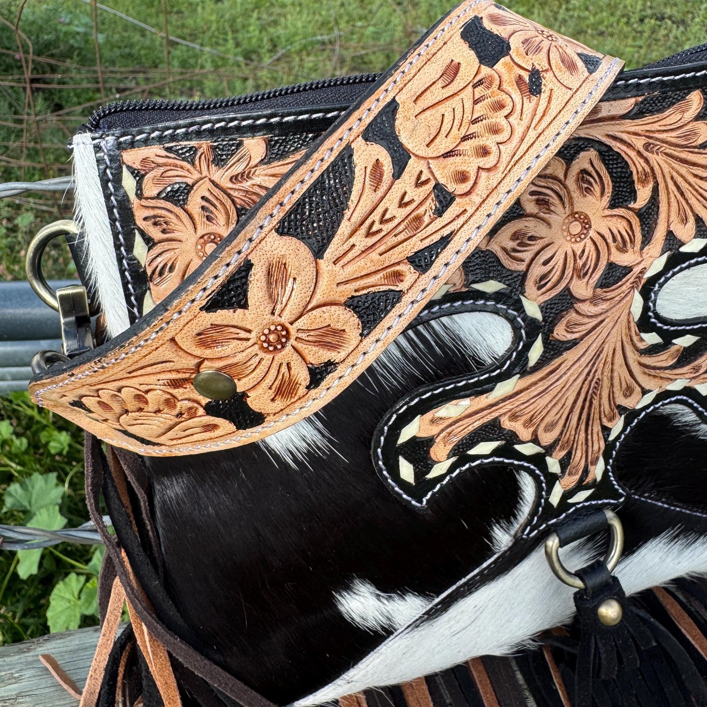 Black Genuine Western Cowhide Leather Purse with scalloped tooling brown and black fringe