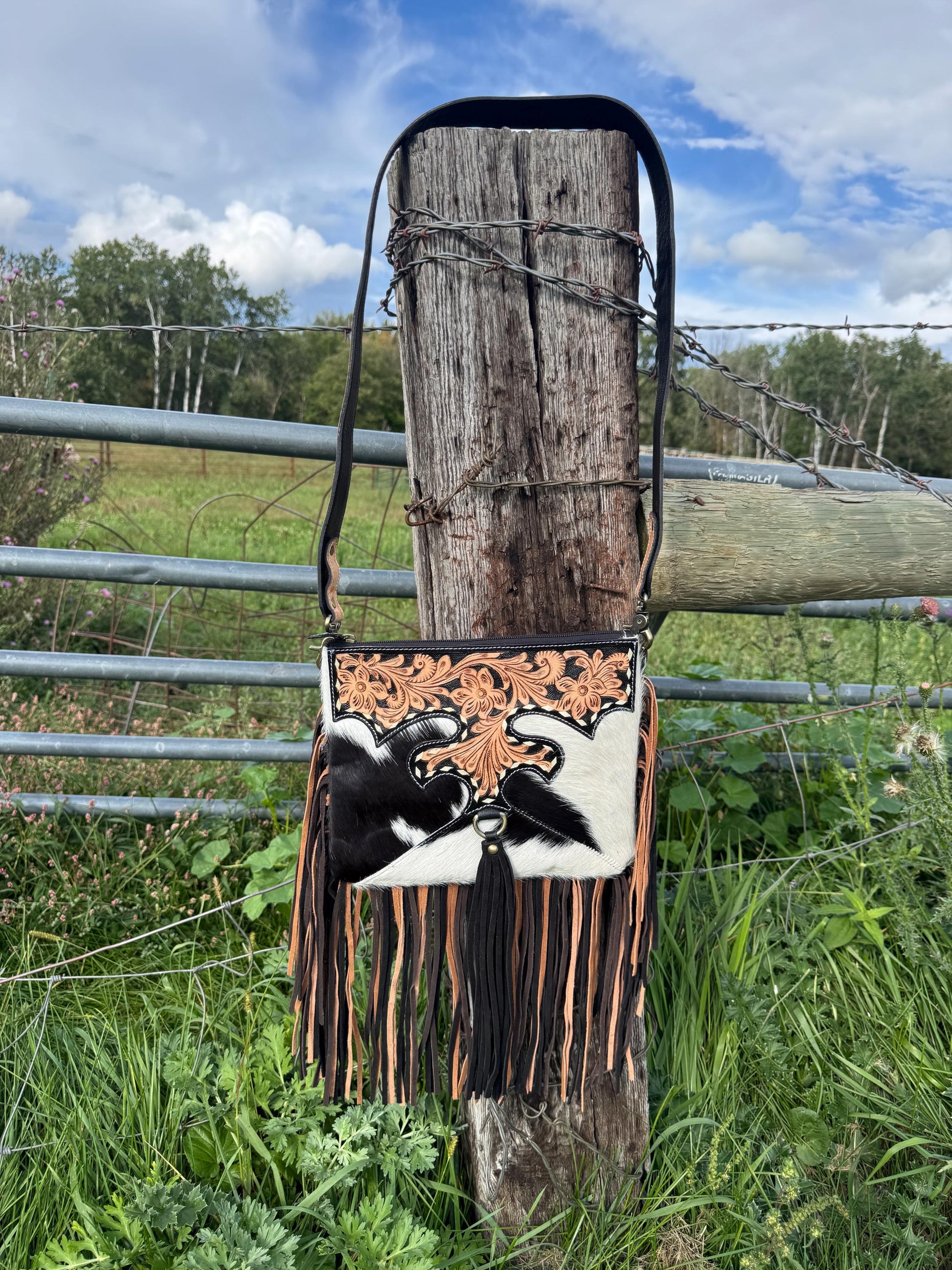 Black Genuine Western Cowhide Leather Purse with scalloped tooling brown and black fringe