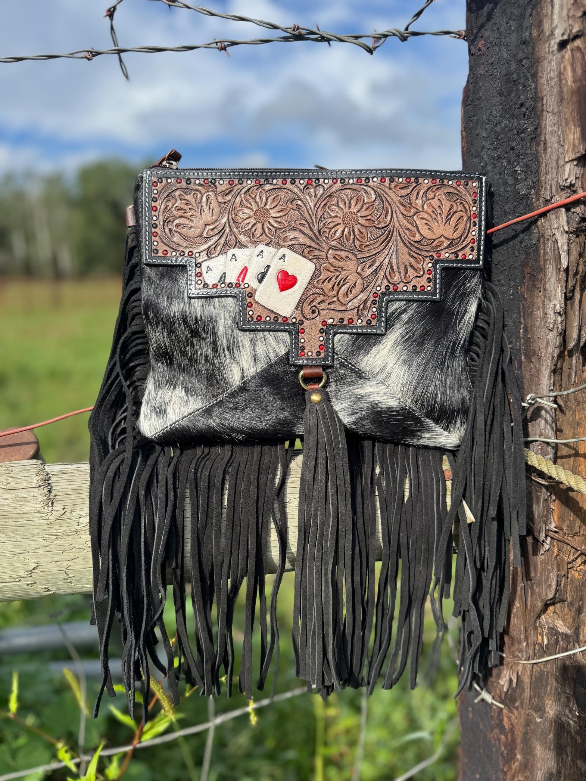 Genuine Western Cowhide Leather Purse with Ace Cards painted details and black fringe.