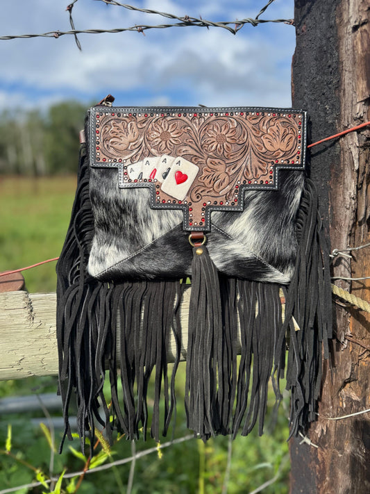 Genuine Western Cowhide Leather Purse with Ace Cards painted details and black fringe.