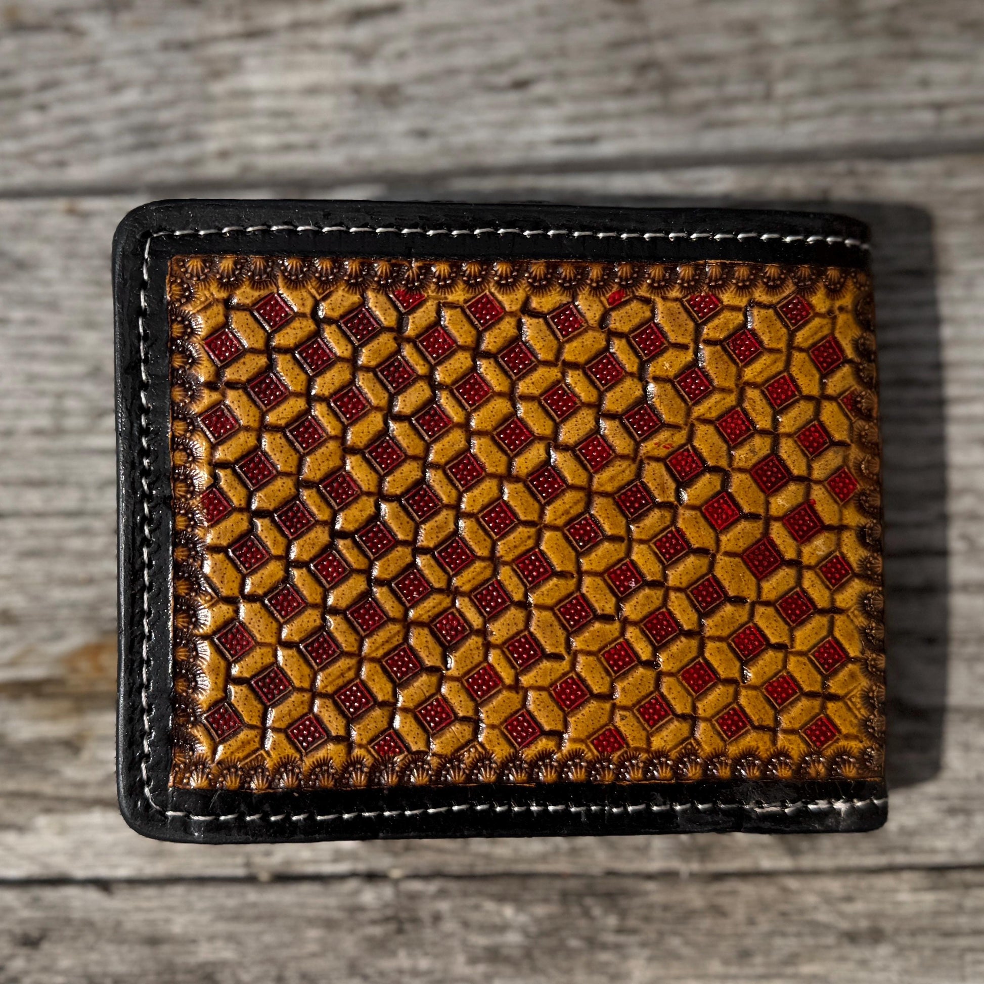 Men’s Western bi-fold wallet Deep Red and Black Floral details by Double B Wild Rags