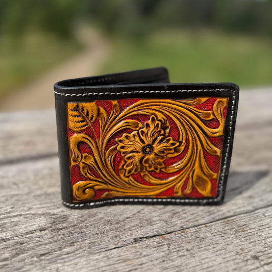 Men’s Western bi-fold wallet Deep Red and Black Floral details by Double B Wild Rags
