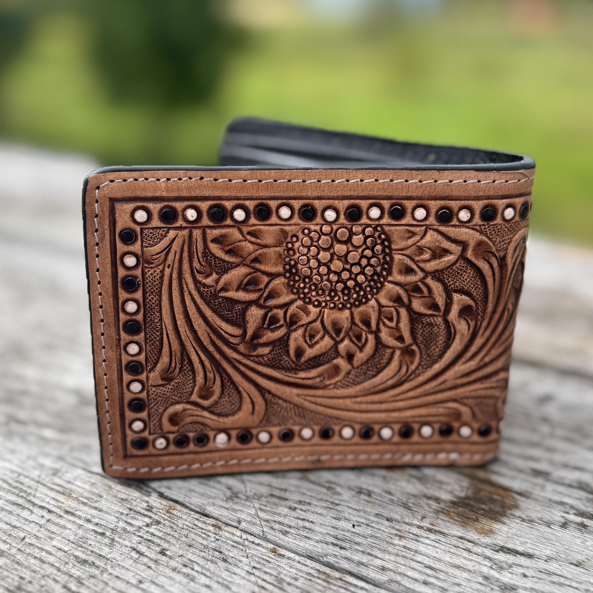 Men’s Western bi-fold wallet tooled sunflowers by Double B Wild Rags