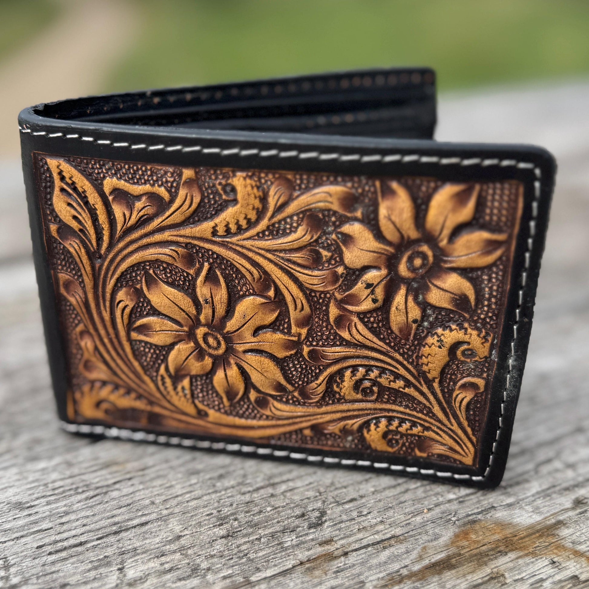 Men’s Western bi-fold wallet with floral designs by Double B Wild Rags