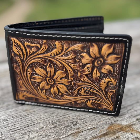 Men’s Western bi-fold wallet with floral designs by Double B Wild Rags