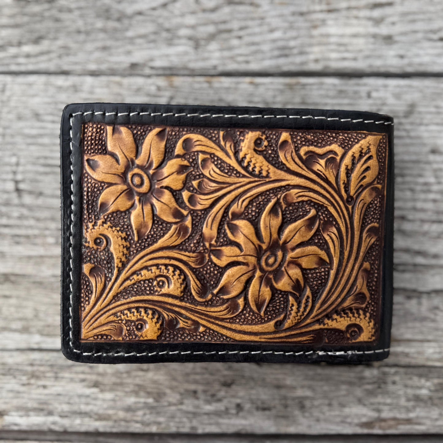 Men’s Western bi-fold wallet with floral designs by Double B Wild Rags