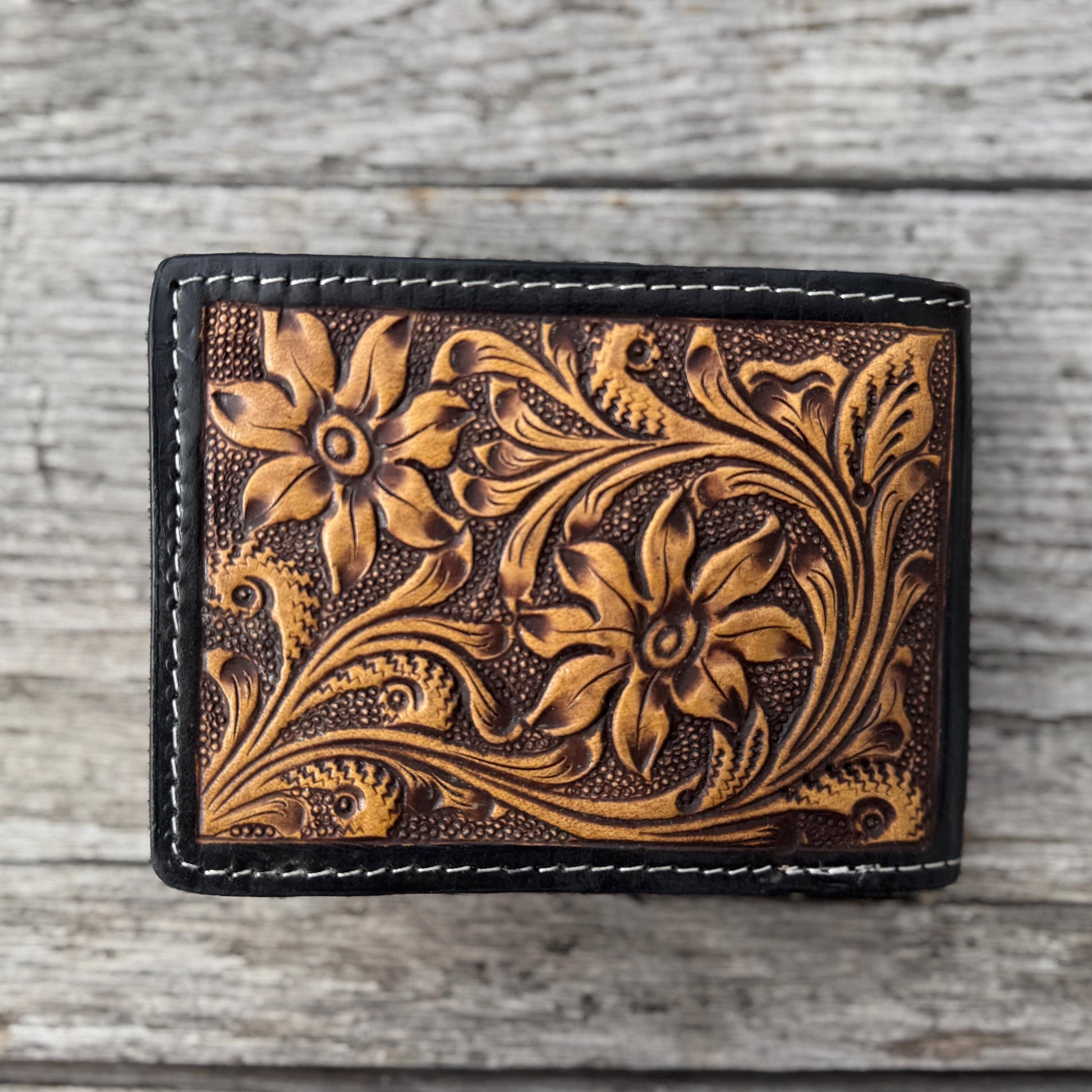 Men’s Western bi-fold wallet with floral designs by Double B Wild Rags
