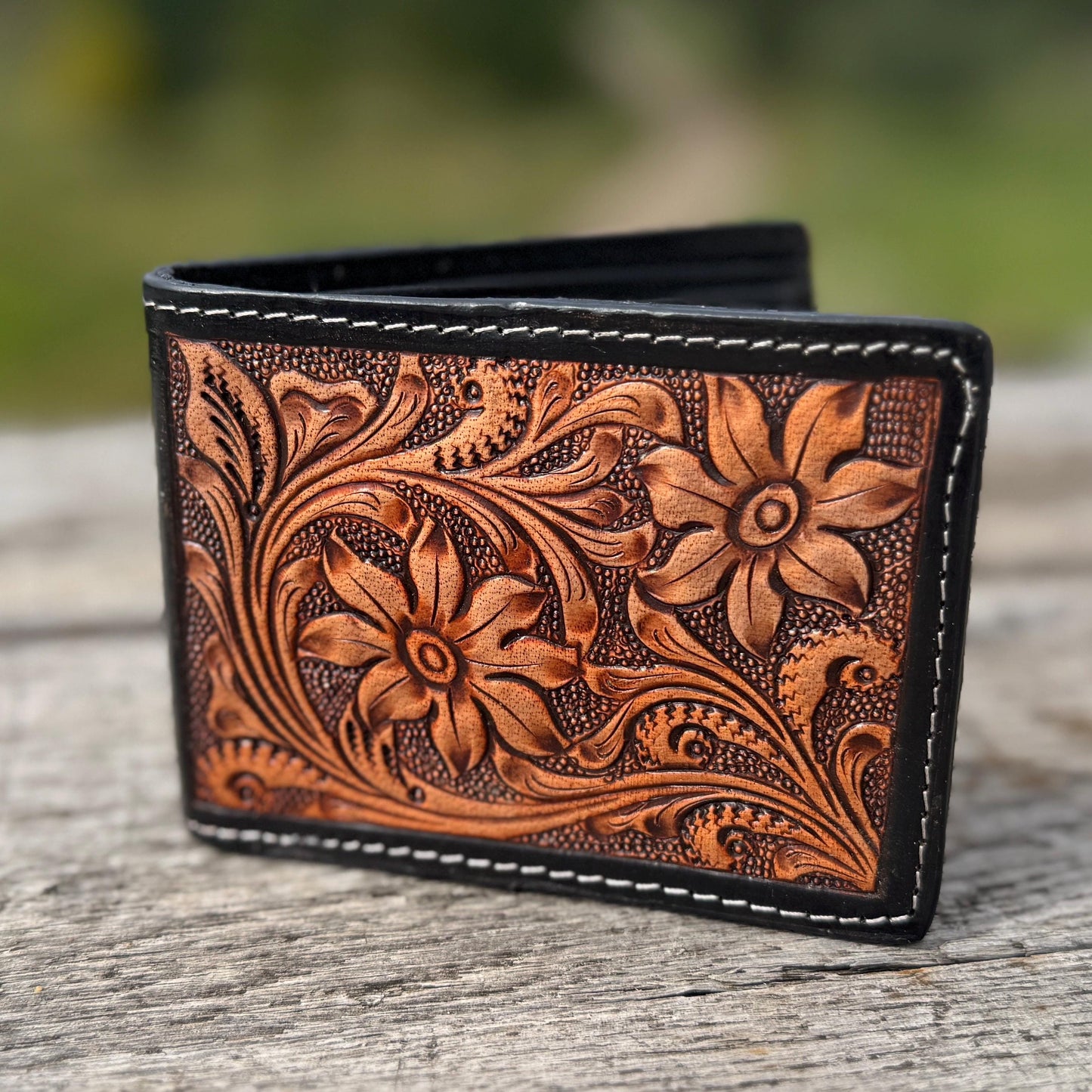 Men’s Western bi-fold wallet tooled floral details by Double B Wild Rags